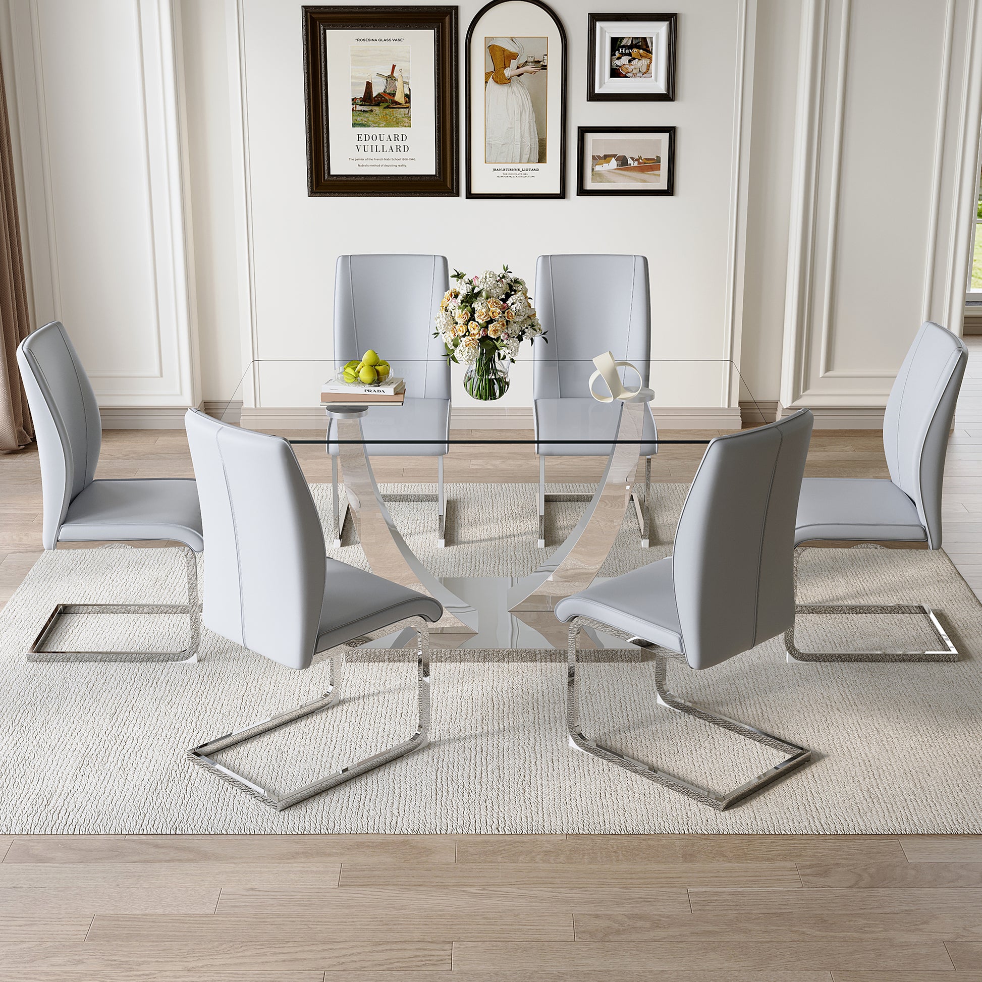 Table And Chair Set.Modern Dining Table,Tempered Glass Tabletop And Silver Colored Leg.Paired With 6 Soft And Comfortable Light Gray Pu Chair, Perfect For Dinner, Meetings, Home And Office Decor.