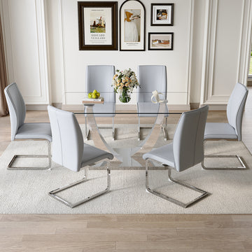 Table And Chair Set.Modern Dining Table,Tempered Glass Tabletop And Silver Colored Leg.Paired With 6 Soft And Comfortable Light Gray Pu Chair, Perfect For Dinner, Meetings, Home And Office Decor.