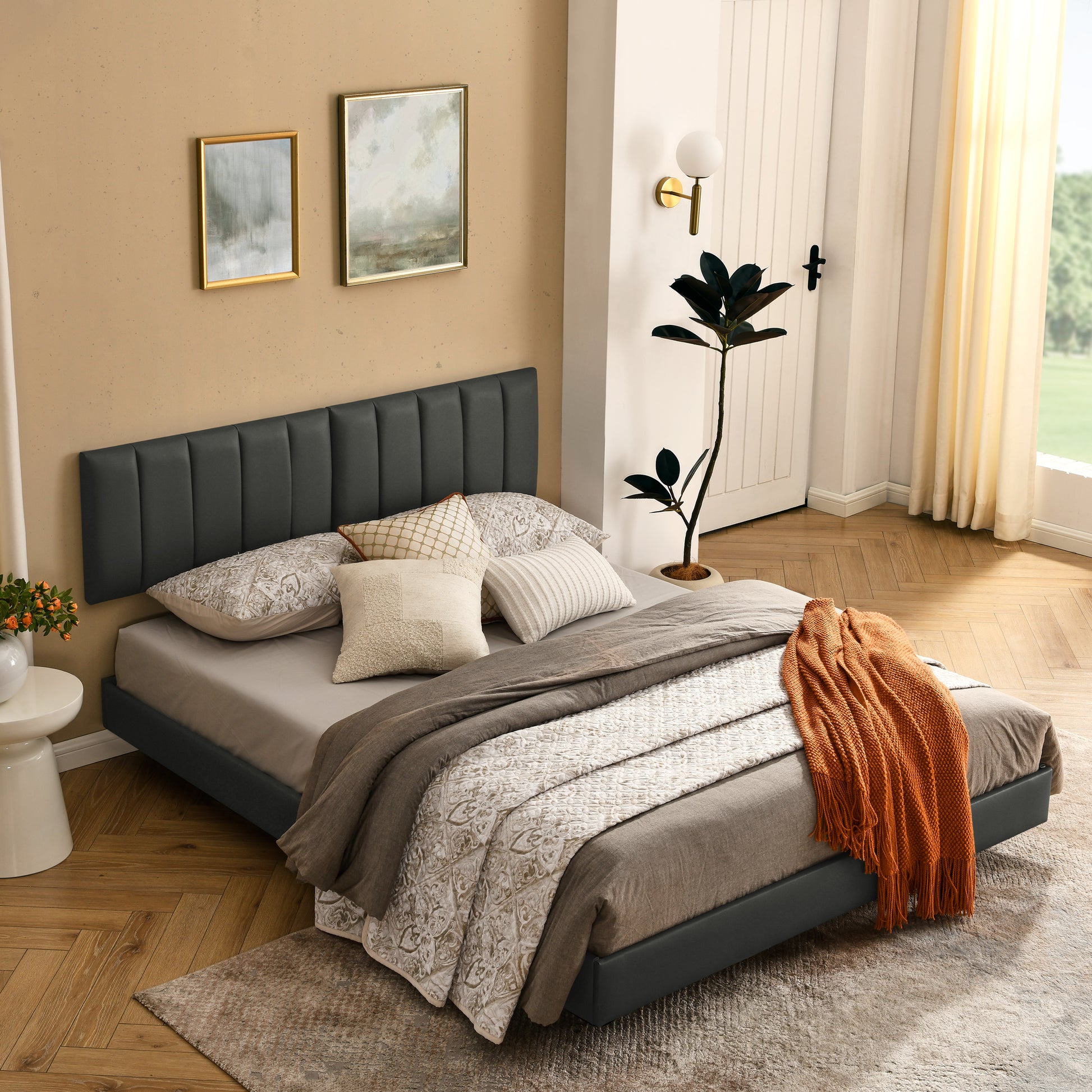 Queen Floating Bed Frame With Wall Mounted Headboard Modern Low Profile Platform Bed Frame Queen Size Faux Leather Upholstered Platform Bed Frame,No Box Spring Needed,Grey Queen Grey Pu