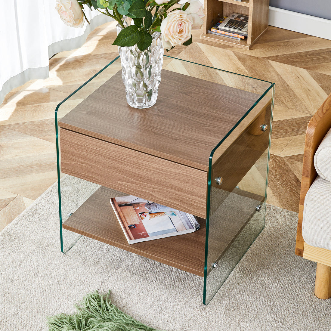 Bedside Table With Drawers. The Board Surface Is Mdf Sticker, And Both Sides Are Transparent Tempered Glass. The Design Is Simple And Elegant, With Excellent Storage Functions. Wood 1 Drawer Mdf Glass