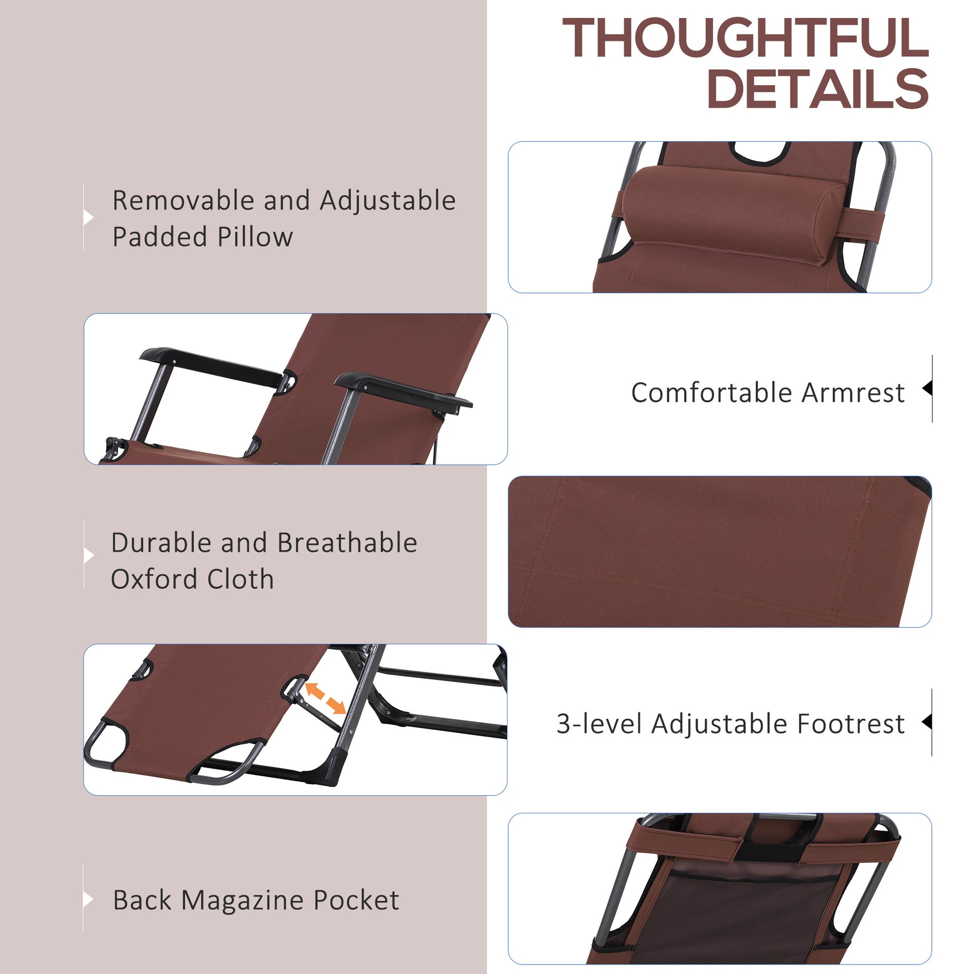 Outsunny Folding Chaise Lounge Chair For Outside, 2 In 1 Tanning Chair With Pillow & Pocket, Adjustable Pool Chair For Beach, Patio, Lawn, Deck, Brown Brown Metal