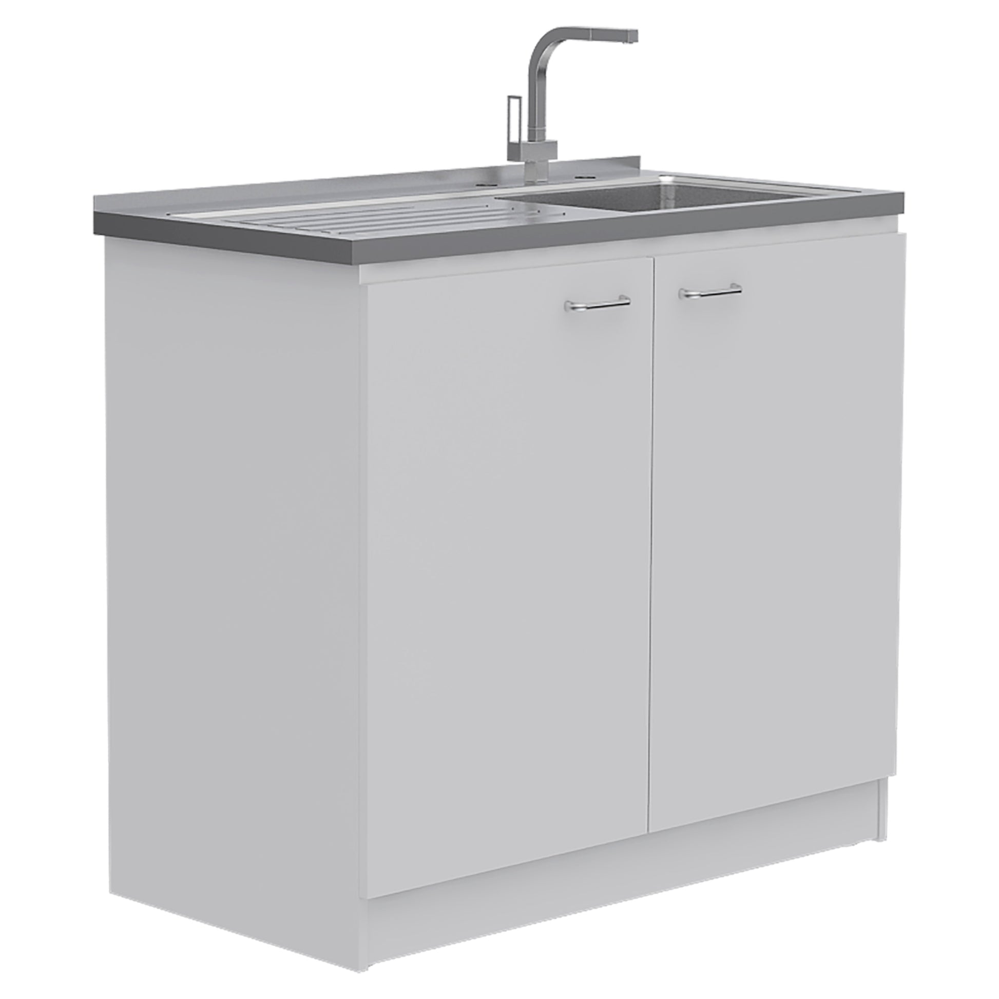 Oklahoma Utility Sink, Double Door Cabinet, Stainless Steel Countertop White Kitchen Modern Melamine Particle Board