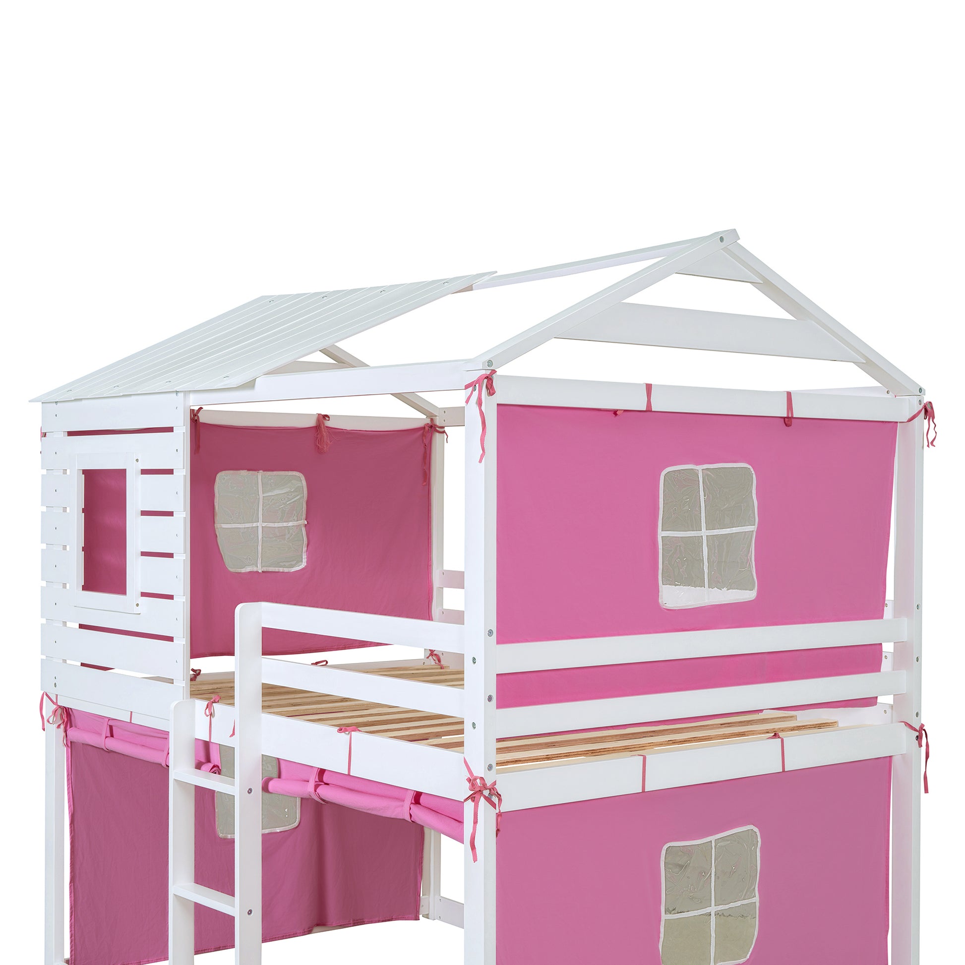 Full Size Bunk Wood House Bed With Tent, Pink White Full Pink White Solid Wood Mdf