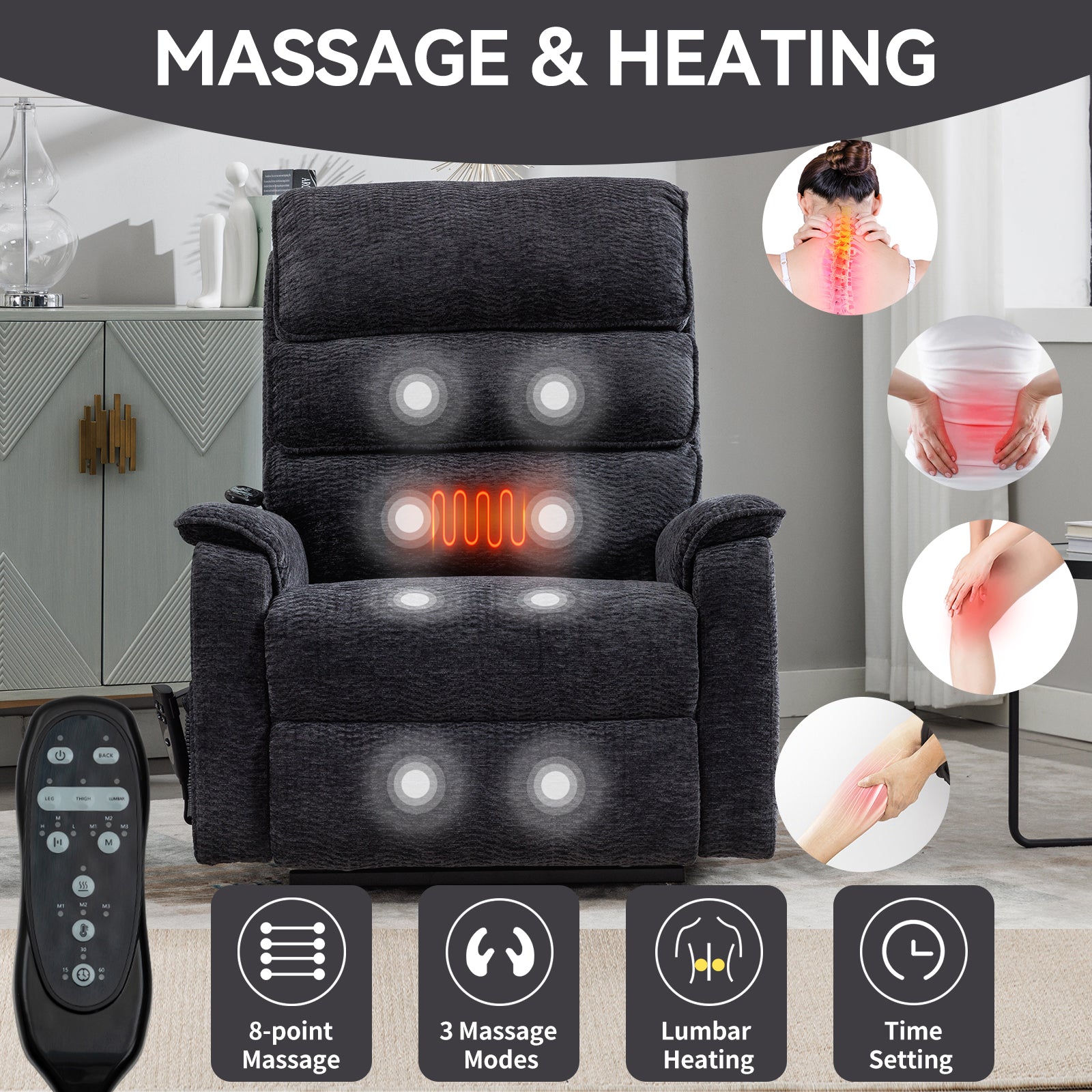 Grey Chenille Dual Motor Infinite Position Up To 350 Lbs Power Lift Recliner Chair With Power Remote, Heat Massage And Heavy Duty Motion Mechanism White Metal Primary Living Space Heavy Duty Push