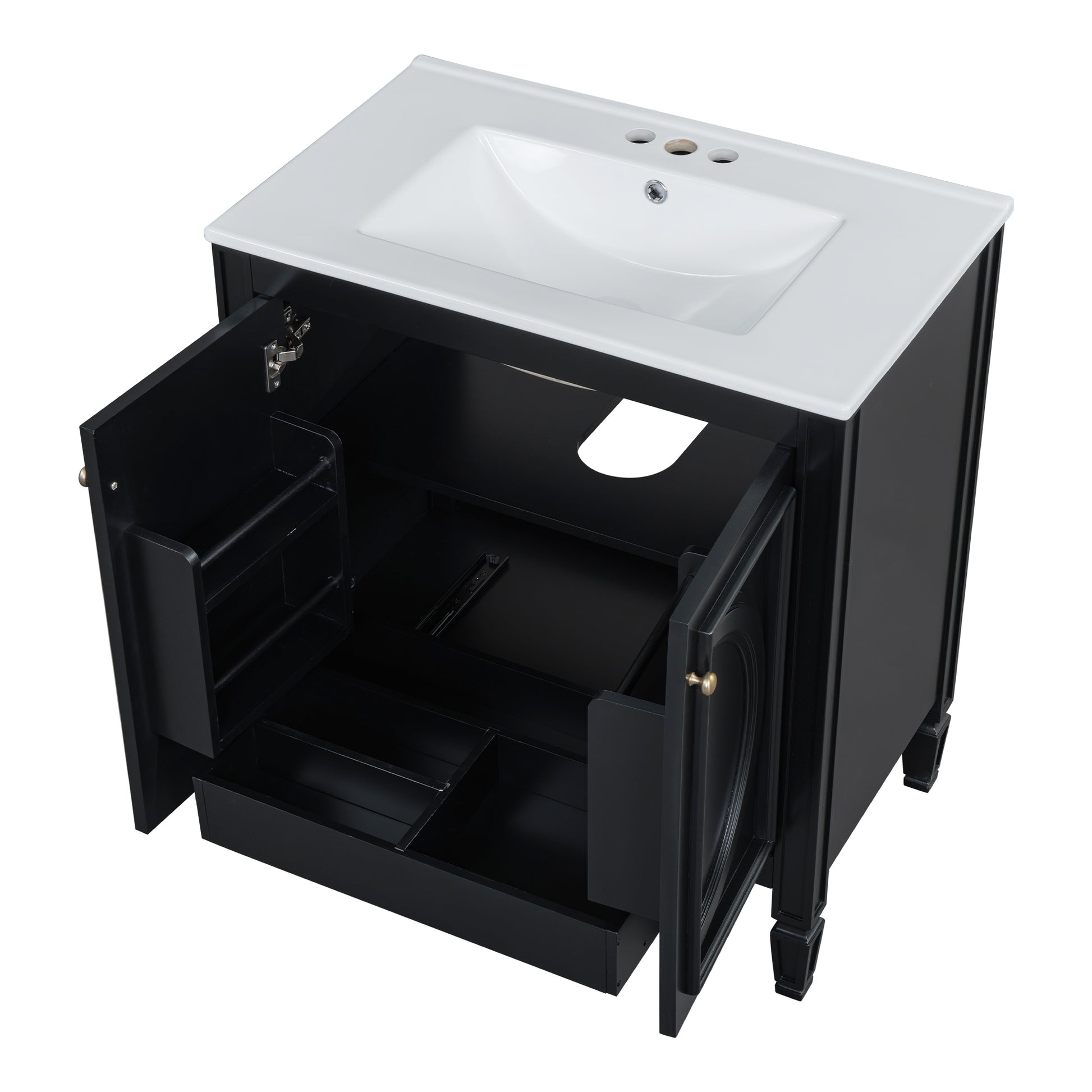 30" Bathroom Vanity With Sink, Two Doors With Shelf, Soft Close Door Hinges, Vintage Style, Black Black Ceramic Mdf,Rubber Wood