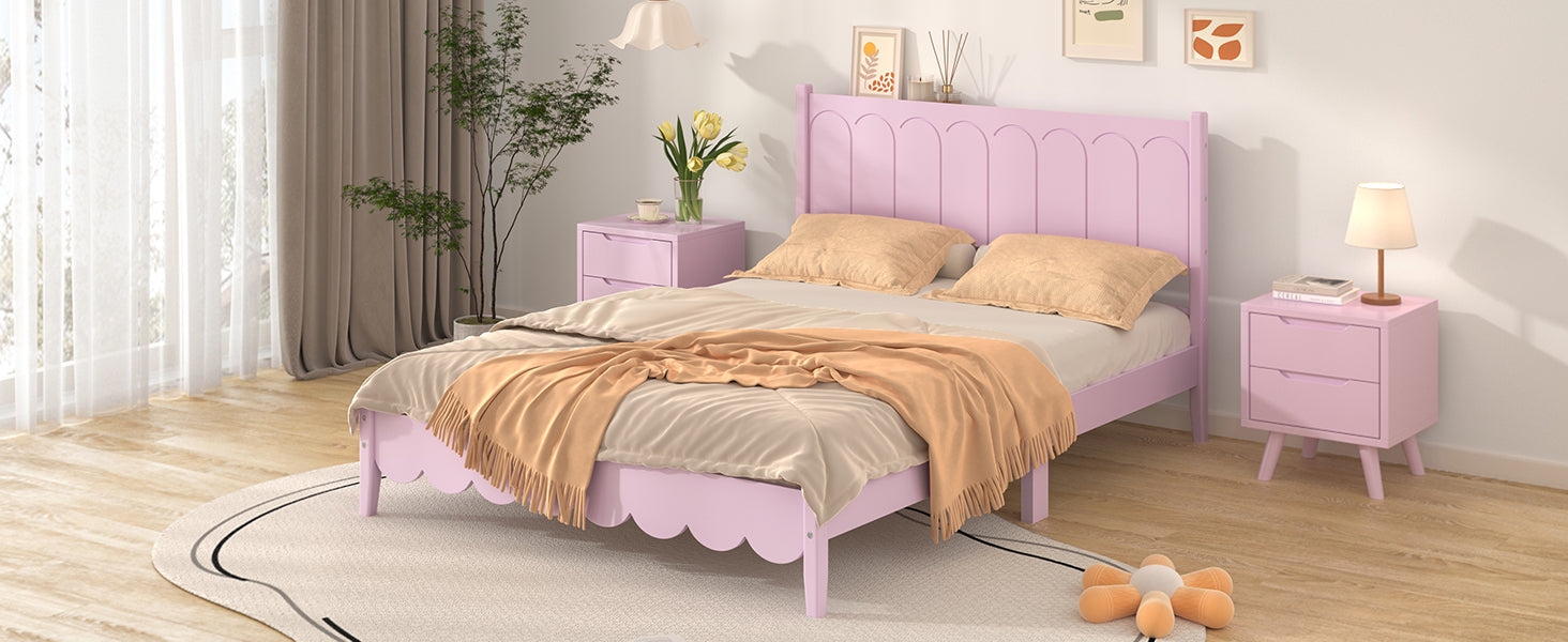 Full Size Wood Platform Bed Frame, Retro Style Bed With Rectangular Headboard,No Need Box Spring,Pink Full Pink Wood