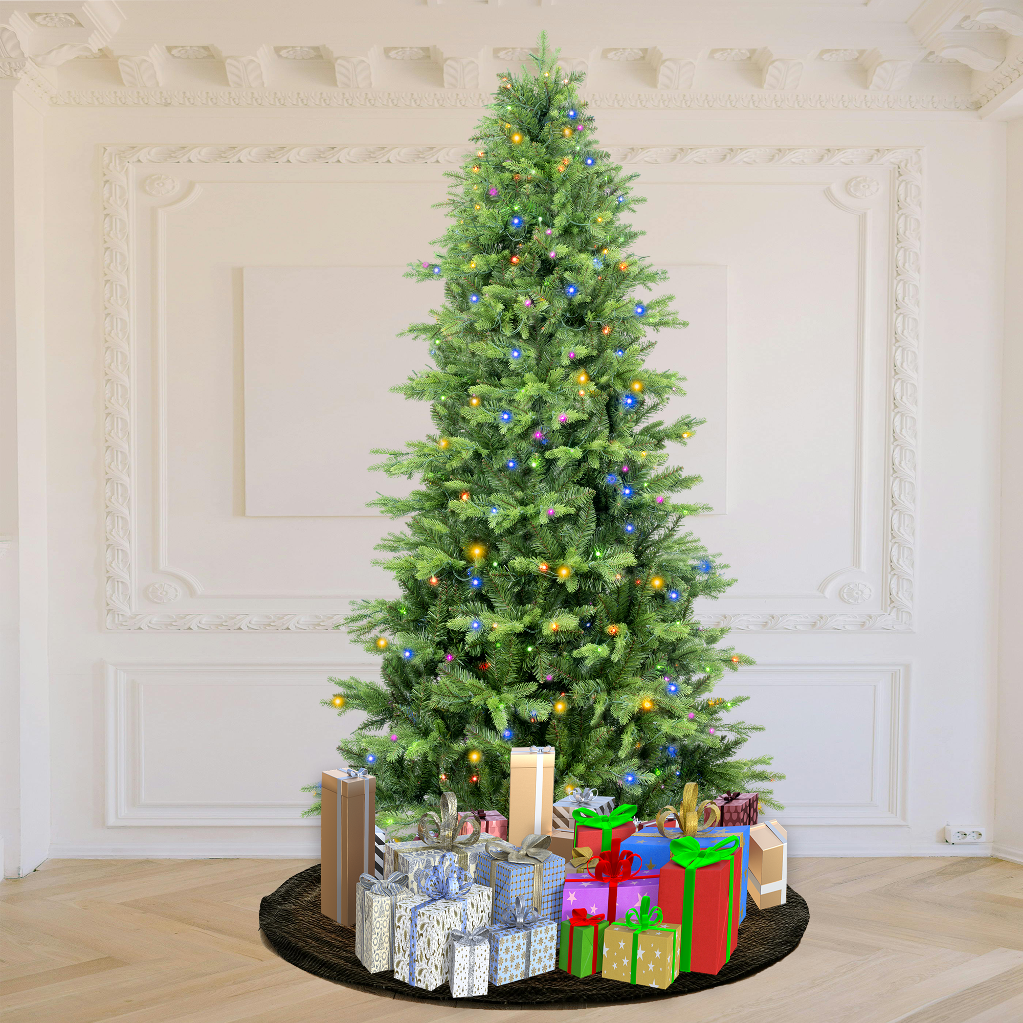 7.5Ft Artificial Christmas Tree Prelit Pe&Pvc With Metal Stand,550 Multi Colour Led Lights,2286 Branch Tips Green Everett Balsam Tree Easy Assembly For Indoor,Home 50 X 50 X 90 Inches Green Pvc