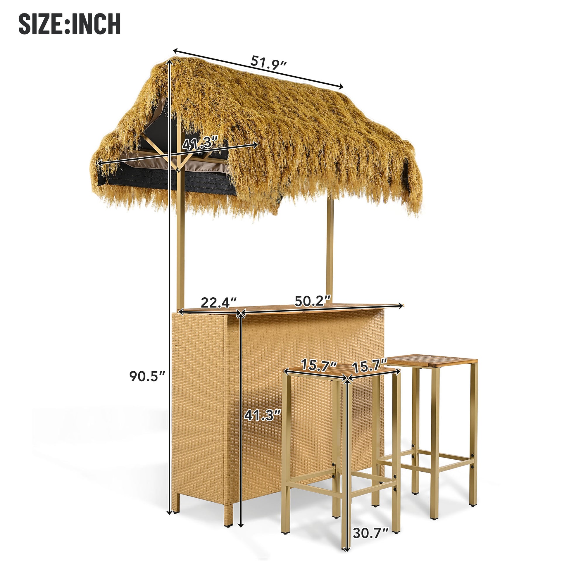 Hawaiian Style Bar Height Patio Set With Pe Grass Canopy, Outdoor Bar Table And Stools With Adjustable Feet, Acacia Wood Top, For Dining And Drinking, Natural Antique Natural Seats 2 Garden & Outdoor Wicker