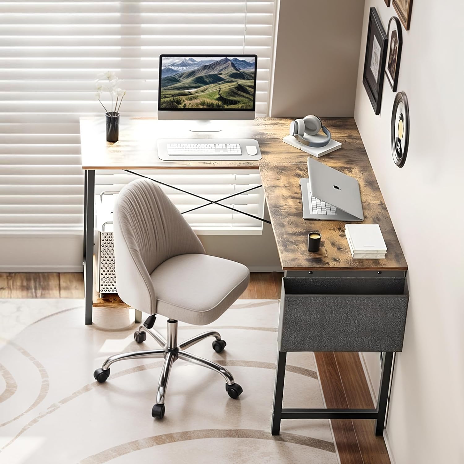 L Shaped Desk Gaming Computer 50 Inch Reversible Corner Table Pc For Writing Study Student With Wood Tabletop Metal Frame Cpu Stand Side Bag For Home Office Small Place, Rustic Brown Wood