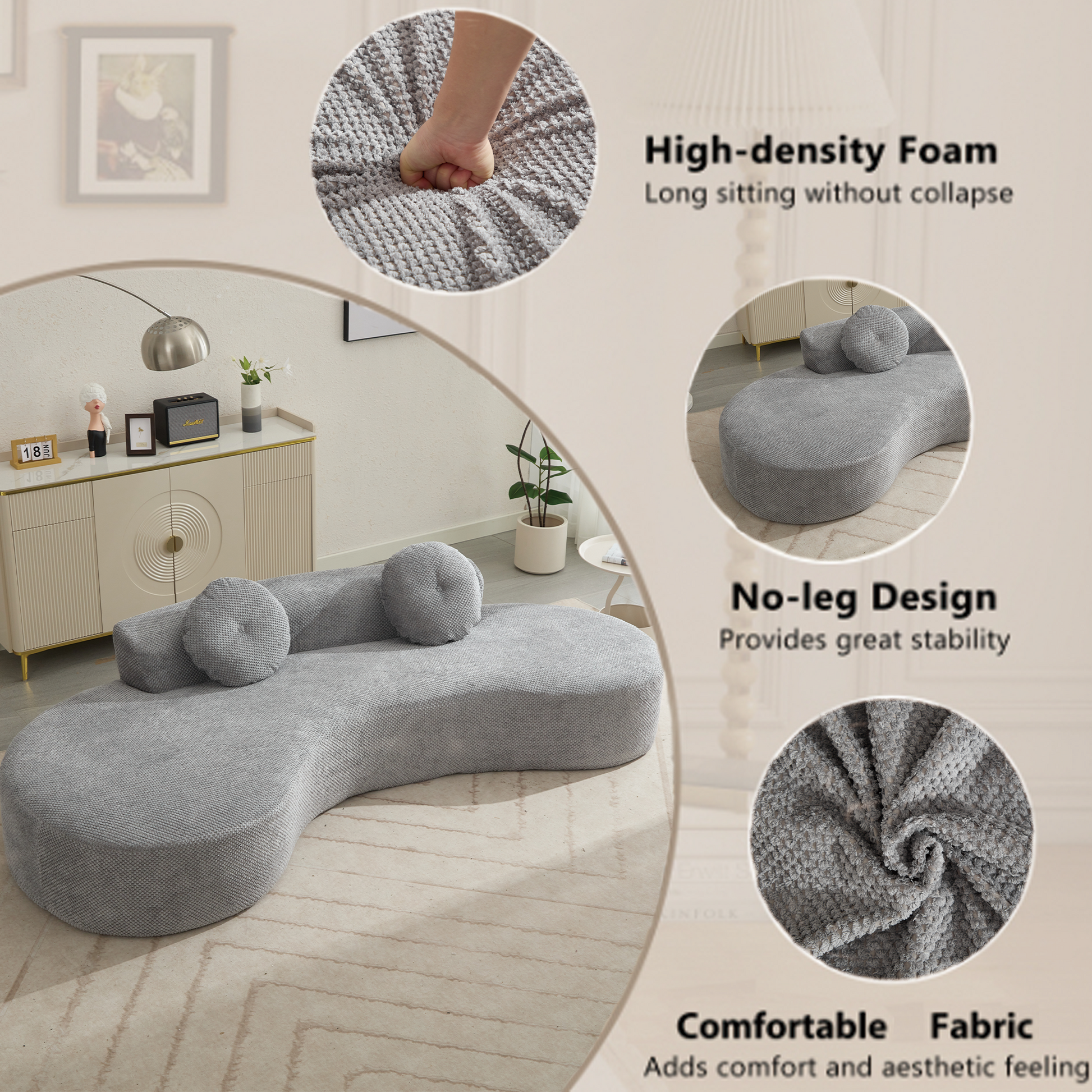 Arrived 105.5''Curved Sofa, Modern Minimalist Sofa, Cloud Couch Sofa 3 4 Seater Couch With 2 Pillows,Bedroom, No Assembly Required, Point Shaped Corduroy, Anti Wrinkle Gray Gray Polyester Primary Living Space Tight Back Soft Modern Foam Upholstered 3