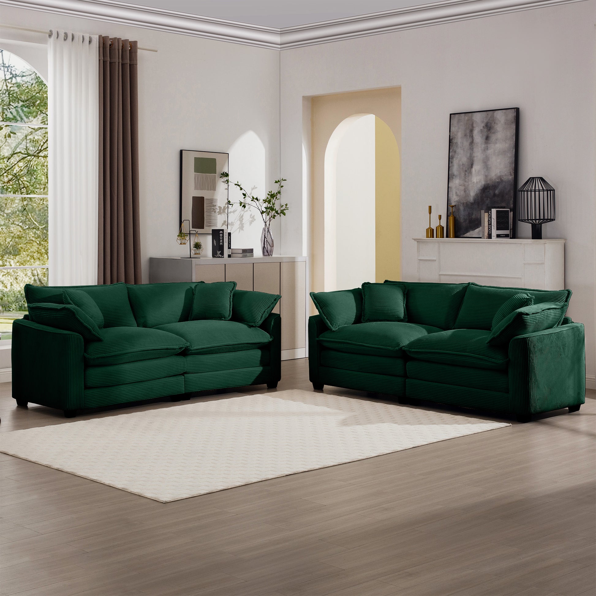 Modern Fabric Living Room Sofa Two Piece Set, Two 2 Seater Sofas With 8 Cushion Upholstery Large Deep Seat Recliner, Green Corduroy Fabric Green Corduroy 4 Seat