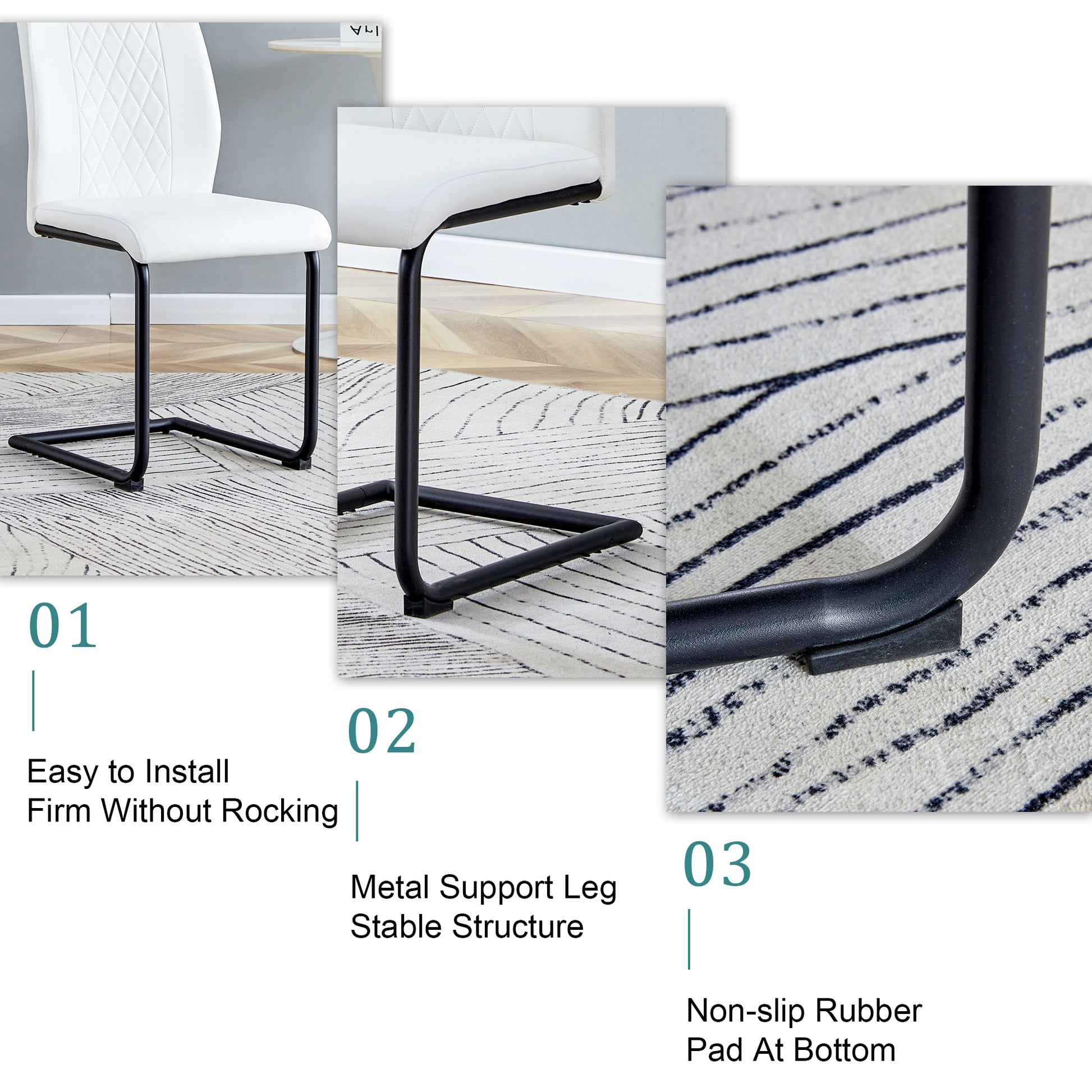 Table And Chair Set.Modern Rectangular Glass Dining Table With 0.39" Tempered Glass Tabletop And Black Metal Legs.Paired With Multiple Chairs Designed With Pu Cushions And Black Metal Legs. White Black Seats 4 Tempered Glass