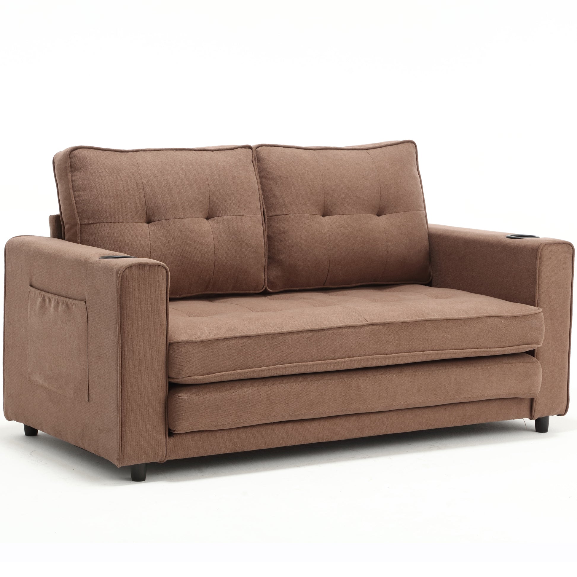 3 In 1 Upholstered Futon Sofa Convertible Floor Sofa Bed,Foldable Tufted Loveseat With Pull Out Sleeper Couch Bed,Folding Mattres Beautiful Seat Daybed W Side Pockets For Living Room, Brown Brown Foam Fabric 2 Seat