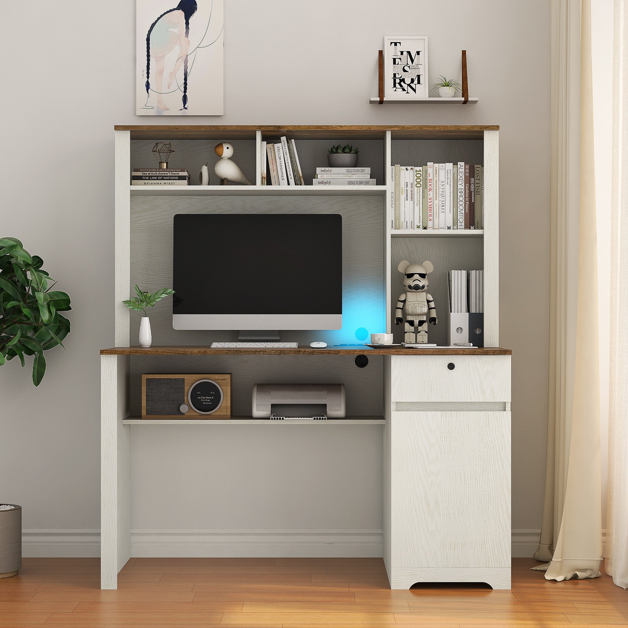 Computer Desk With Hutch & Bookshelf,Wood Executive Desk Teens Student Desk Writing Laptop Home Office Desk With Drawers,3 Ac Outlets And 2 Usb Charging Ports,Study Laptop Table For Home White Mdf