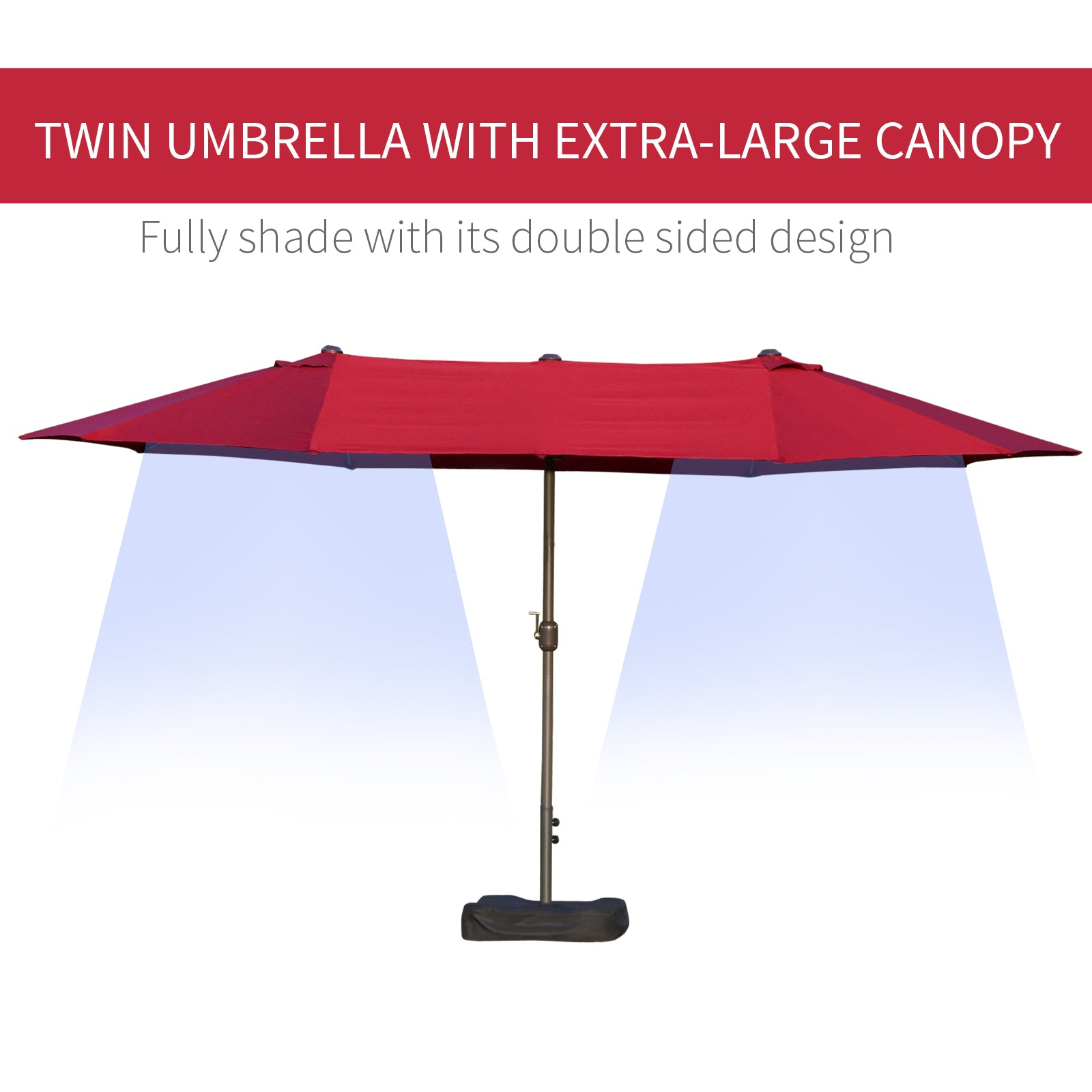 Outsunny Patio Umbrella 15' Steel Rectangular Outdoor Double Sided Market With Base, Sun Protection & Easy Crank For Deck Pool Patio, Wine Red Red Steel