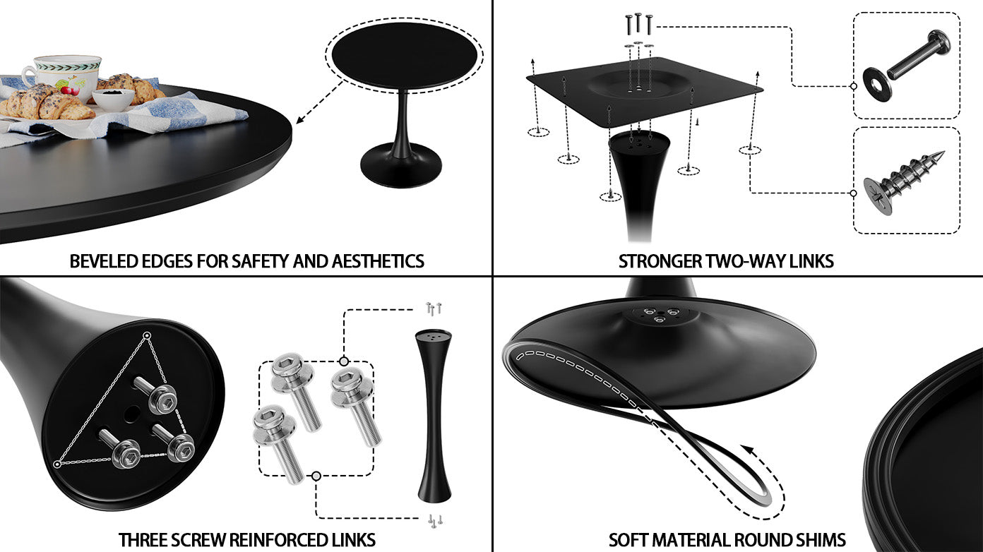 Black Circular Dining Table, 31.5 "Tulip Dining Table, Kitchen Dining Table For 2 4 People, Mdf Tabletop And Base, And 2 Black Pu Black Metal Leg Dining Chairs Set 2 Black Mdf