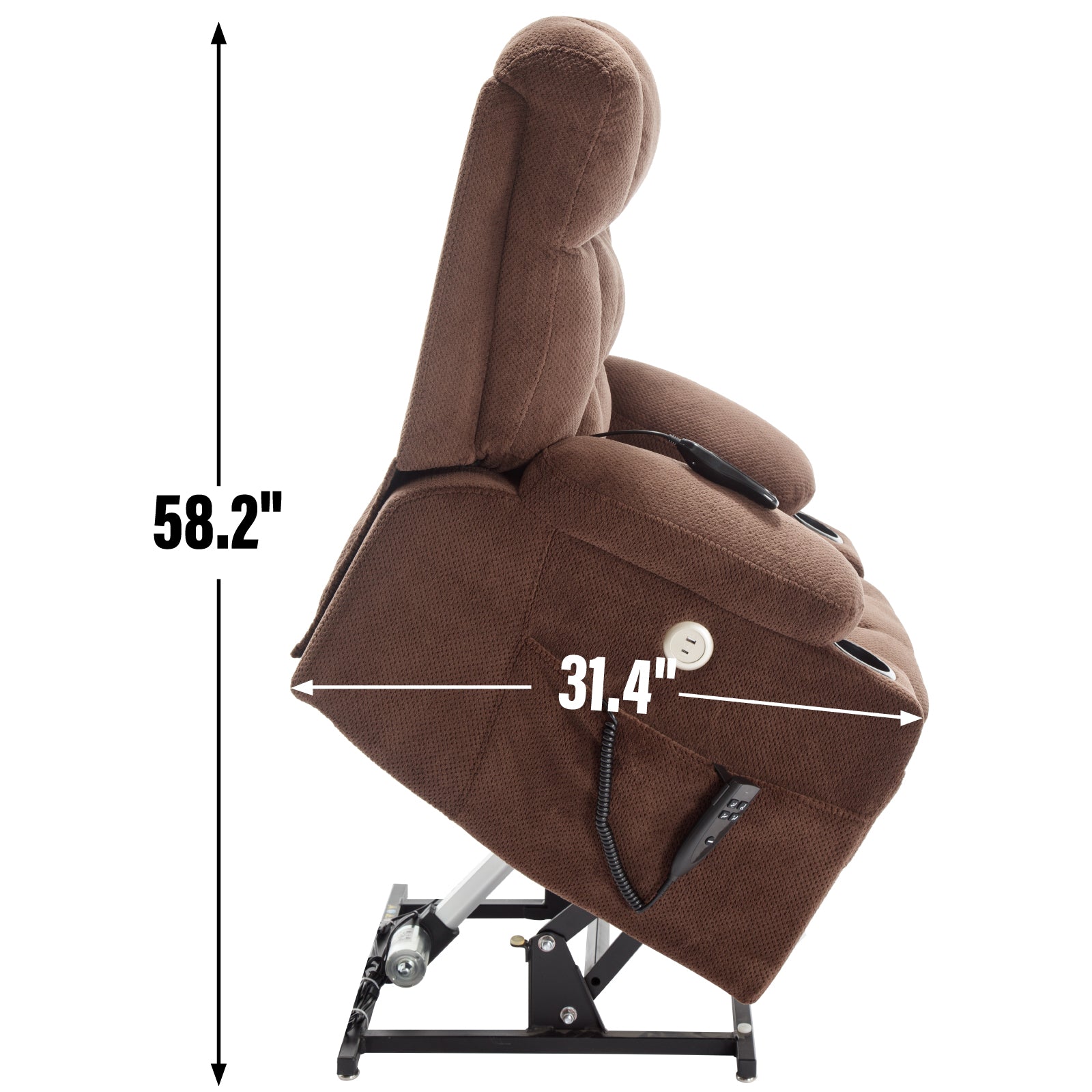 Brown Dual Motor Infinite Position Up To 350 Lbs Chenille Power Lift Recliner Chair, Heavy Duty Motion Mechanism With 8 Point Vibration Massage And Lumbar Heating, Dual Cup Holders White Metal