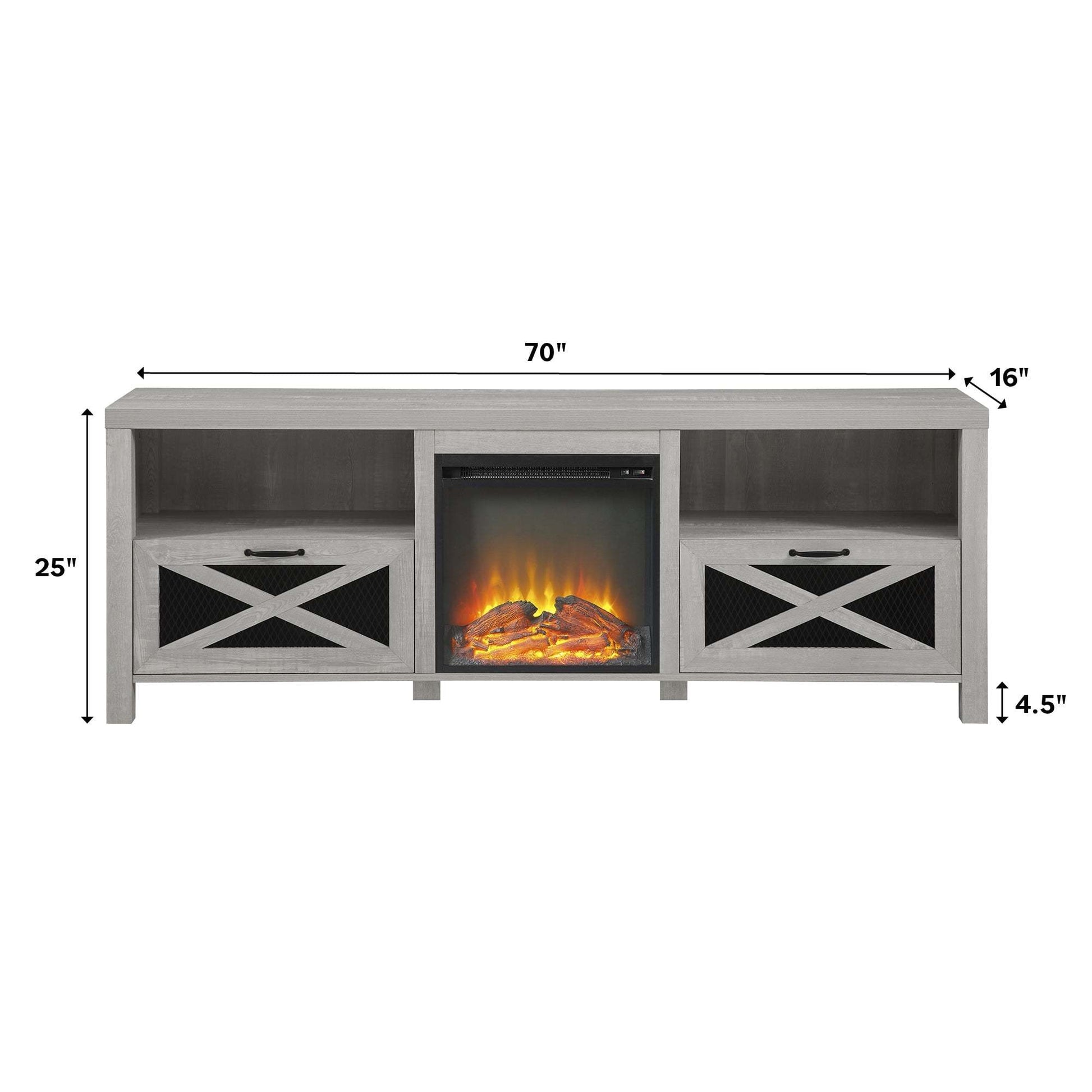 Industrial Farmhouse Metal Mesh Drop Down X Door 70" Fireplace Tv Stand For 80" Tvs Stone Grey Stone Gray Mdf