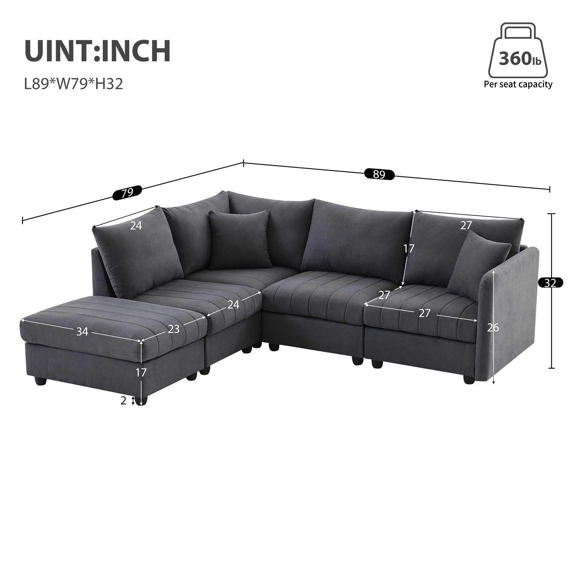 89*79"Modern Sectional Sofa With Vertical Stripes,2 Pillows,5 Seat Couch With Convertible Ottoman,Various Combinations,L Shape Indoor Furniture For Living Room,Apartment, 3 Colors Dark Gray Fabric 5