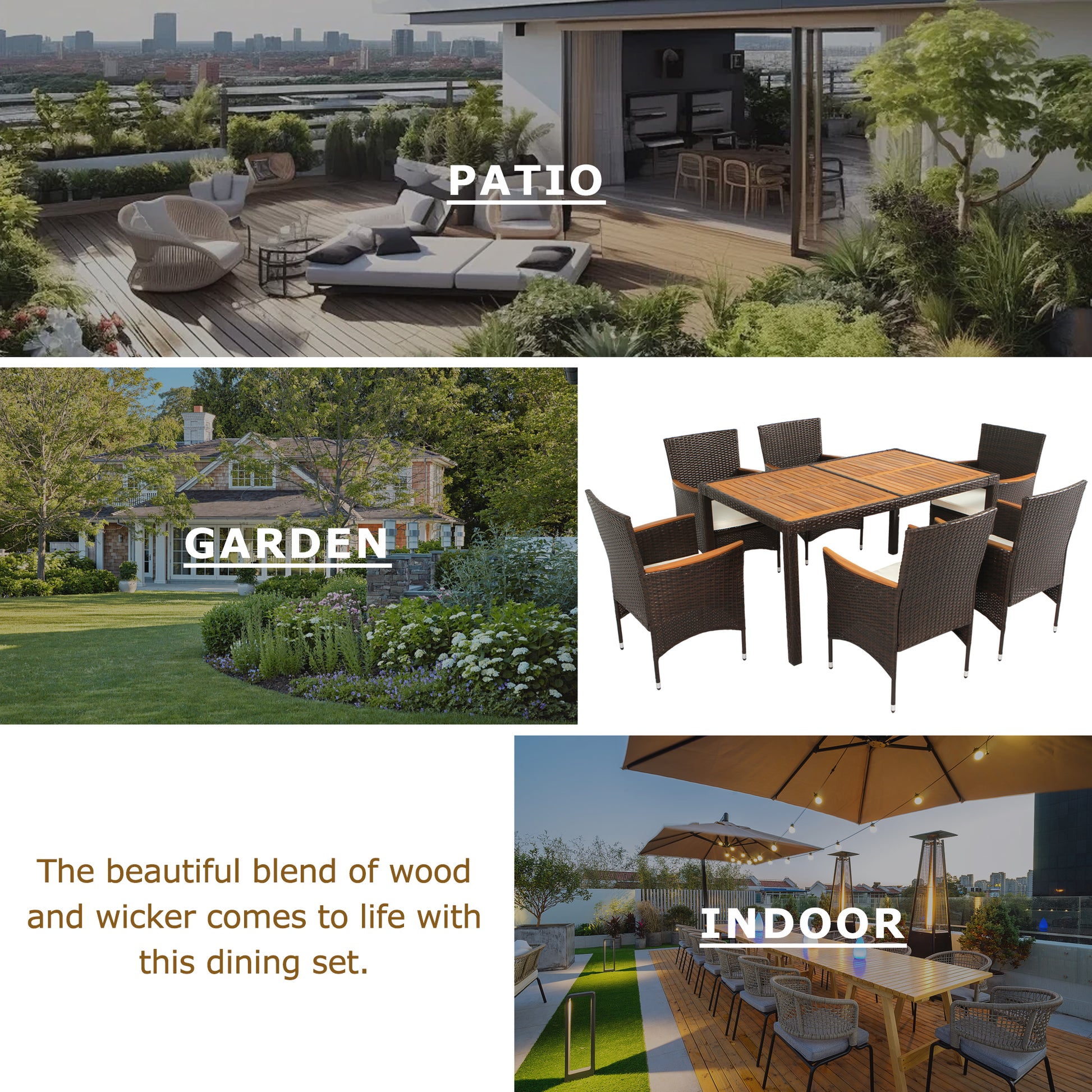 7 Piece Outdoor Patio Dining Set, Garden Pe Rattan Wicker Dining Table And Chairs Set, Acacia Wood Tabletop, Stackable Armrest Chairs With Cushions, Brown Yes Dining Set Brown Garden & Outdoor Multiple Chairs Seating Group Wicker Wicker