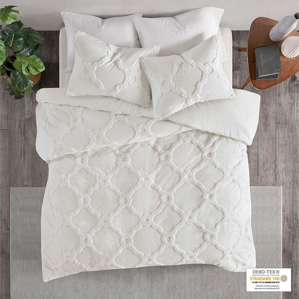 3 Piece Tufted Cotton Chenille Geometric Duvet Cover Set Queen Off White Cotton