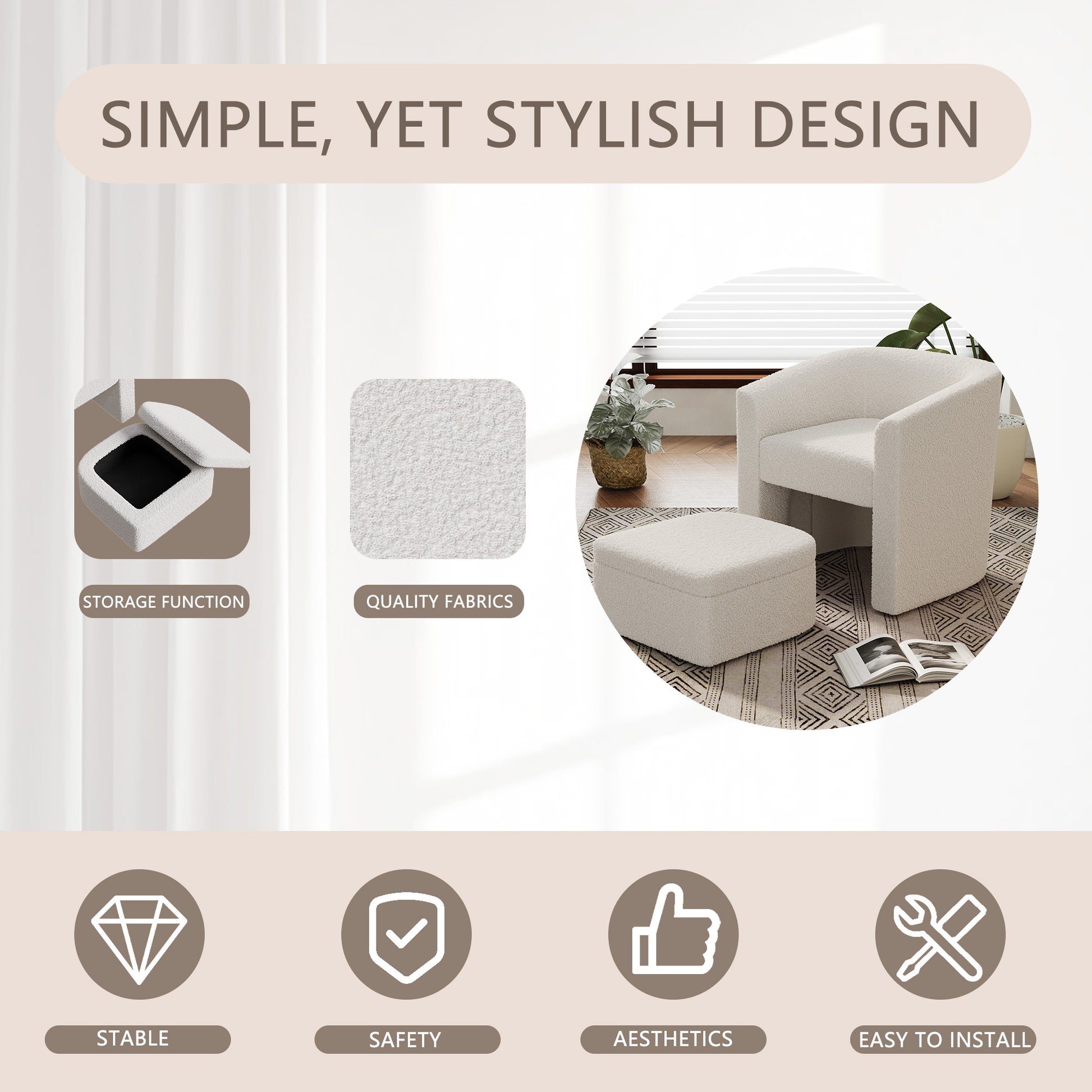 Accent Chair White Sofa Chair One Set, Modern Living Room Side Chair, Single Sofa Chair, Footstool With Storage, Suitable For Bedroom Office Reading Space, Study Cream White Cream White Foam Velvet