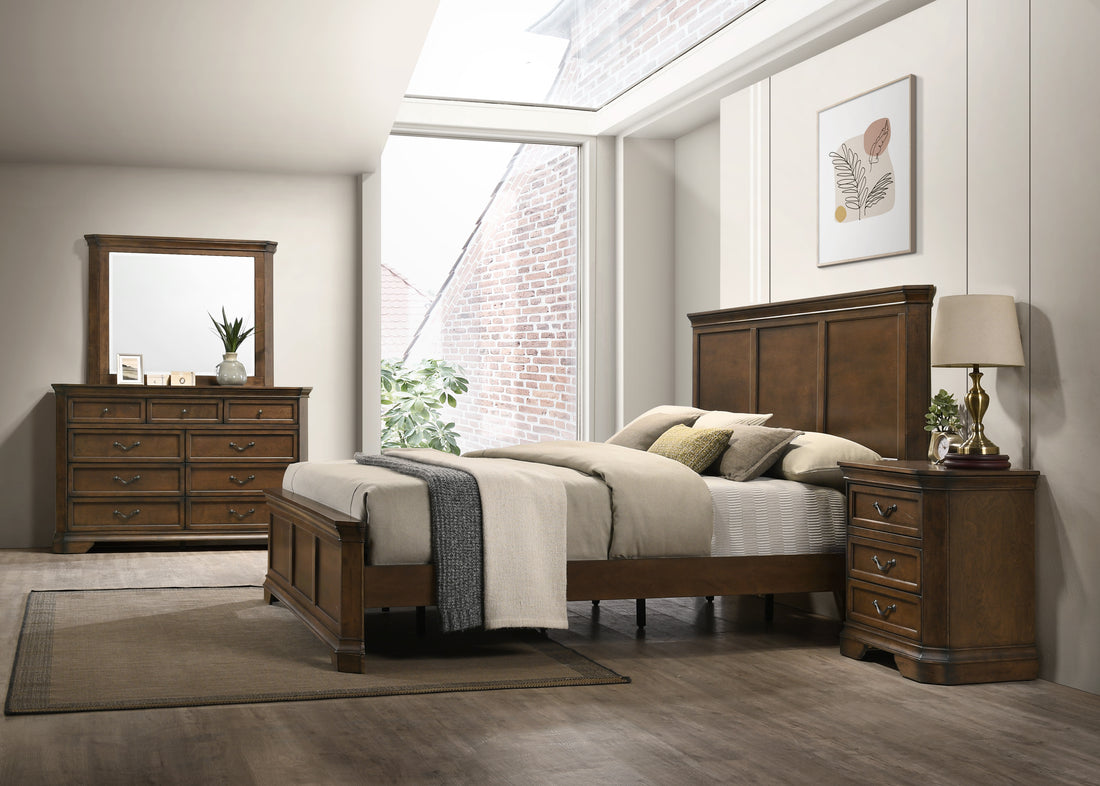 Maderne Traditional Wood Panel Bed With Dresser, Mirror, Nightstand, Queen Size Box Spring Required Queen Walnut Brown Wood Brown 4 Piece Set Bedroom Bed Included,Dresser Included,Mirror Included,Nightstand Included American Traditional,Traditional