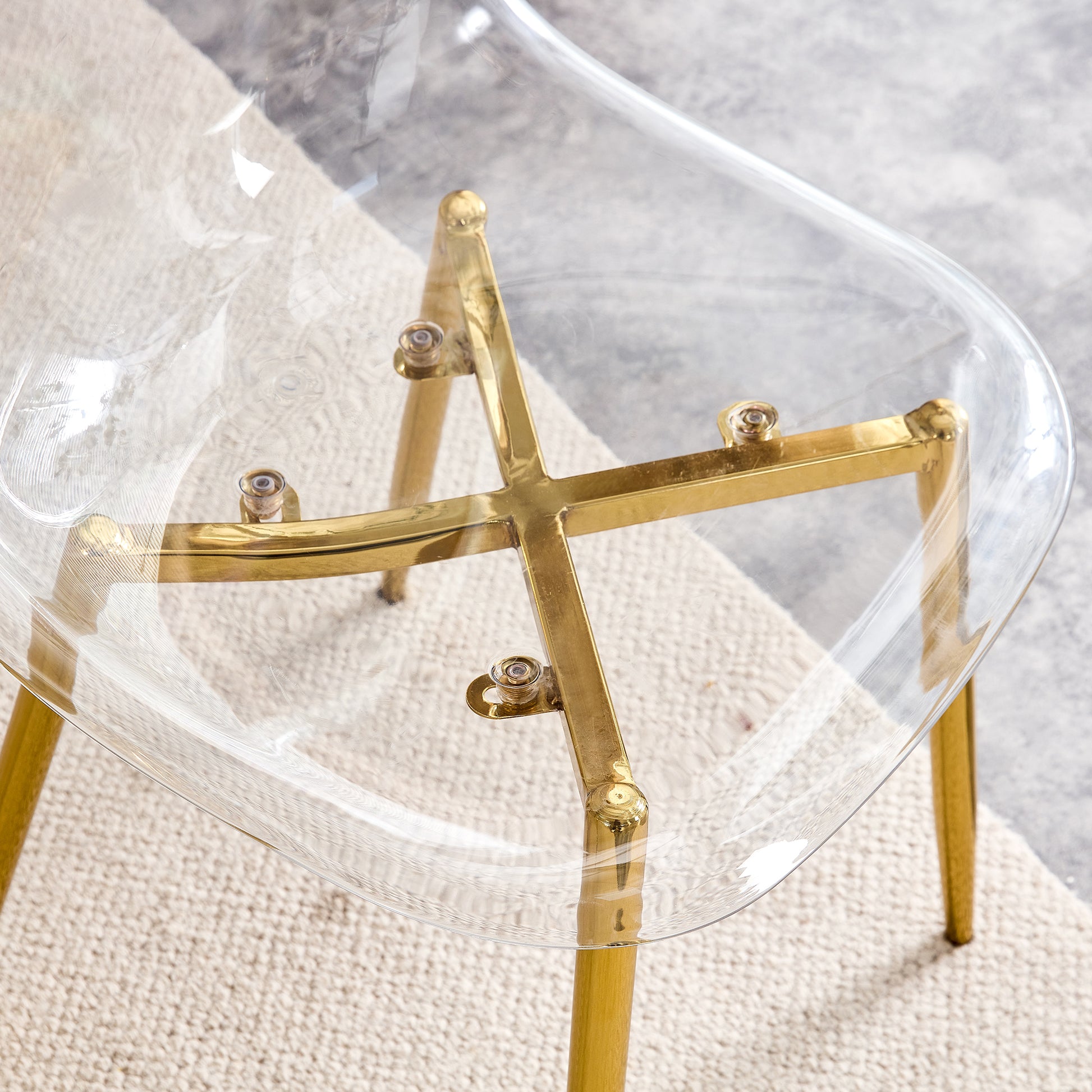 Table And Chair Set.Modern Rectangular Glass Dining Table With Tempered Glass Countertop And Golden Metal Legs, Paired With Multiple Transparent High Quality Pet Dining Chairs With Golden Legs. Gold Seats 8 Tempered Glass