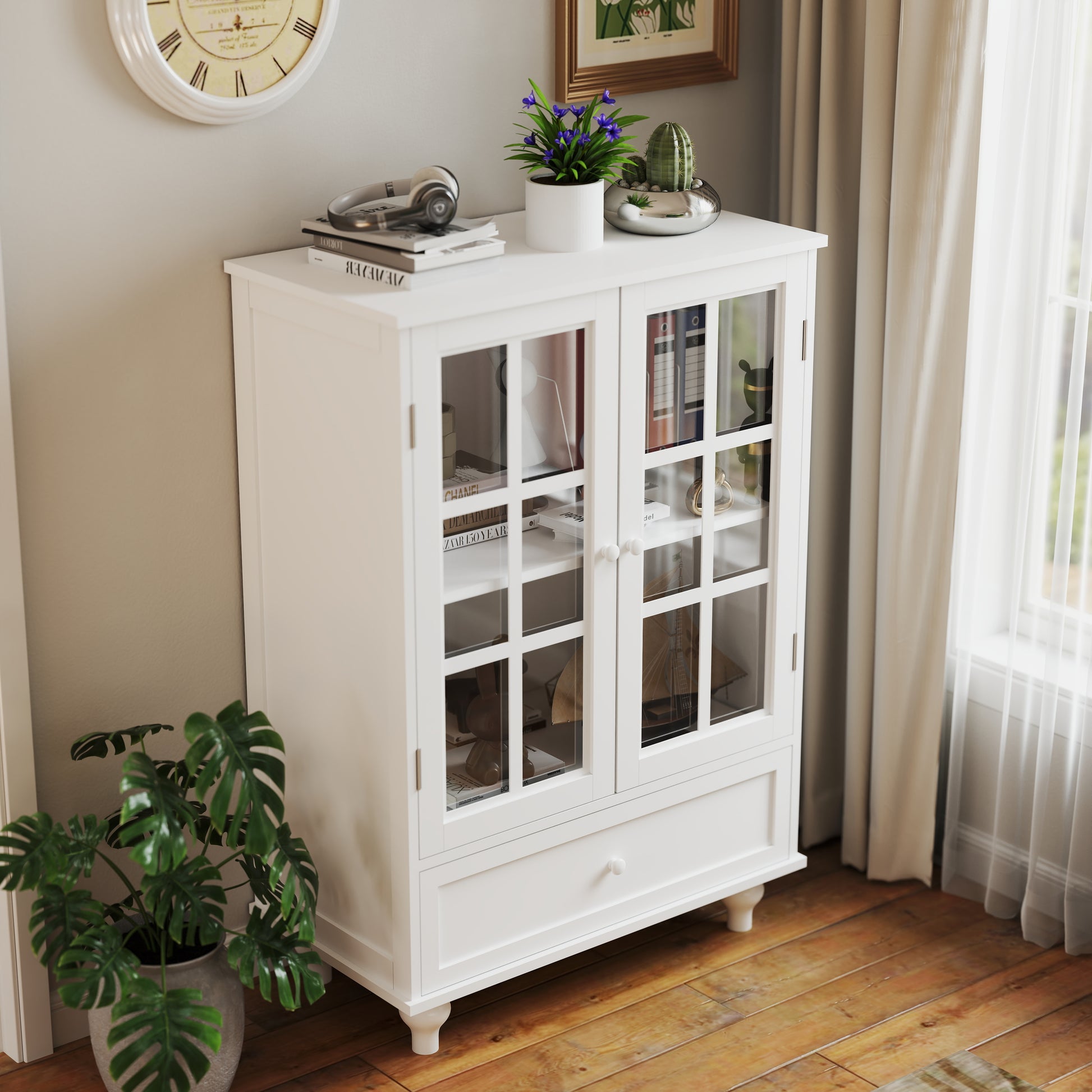 Minimalist White Buffet Cabinet With Double Glass Doors And Drawer, Modern Wooden Storage Sideboard Cupboard For Living Room, Dining Room Hallway Entryway Freestanding White Primary Living Space