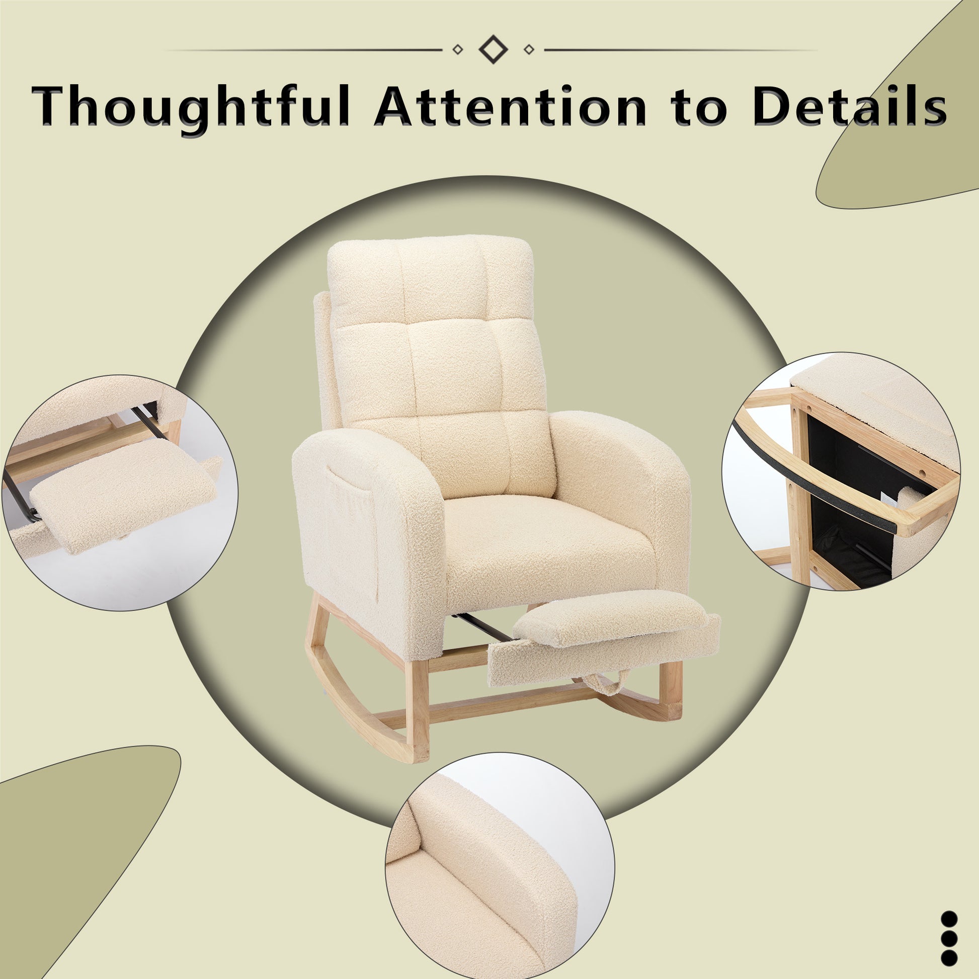 Modern Accent Rocking Chair Rocking Chair With Solid Wood Legs, Adjustable Footrest,Comfy Armchair With Side Pocket, Living Room Lounge Arm Chair With High Backrest Beige,Teddy Beige Polyester Blend