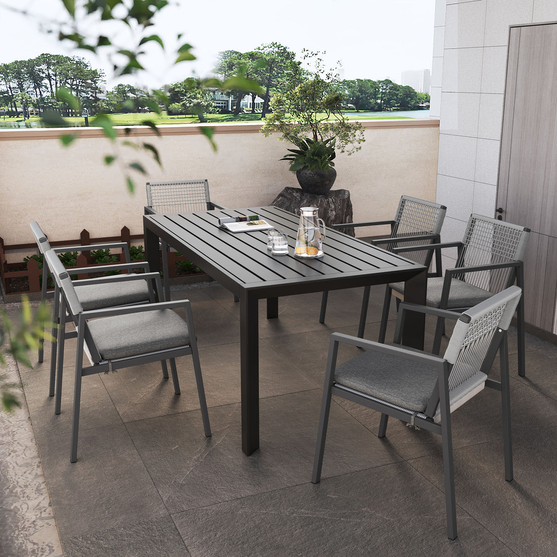 Outdoor Dining Set, Aluminum Dining Chair Set Of 6 With Rope Aluminum Dining Table, Gray Black Black Grey Aluminium