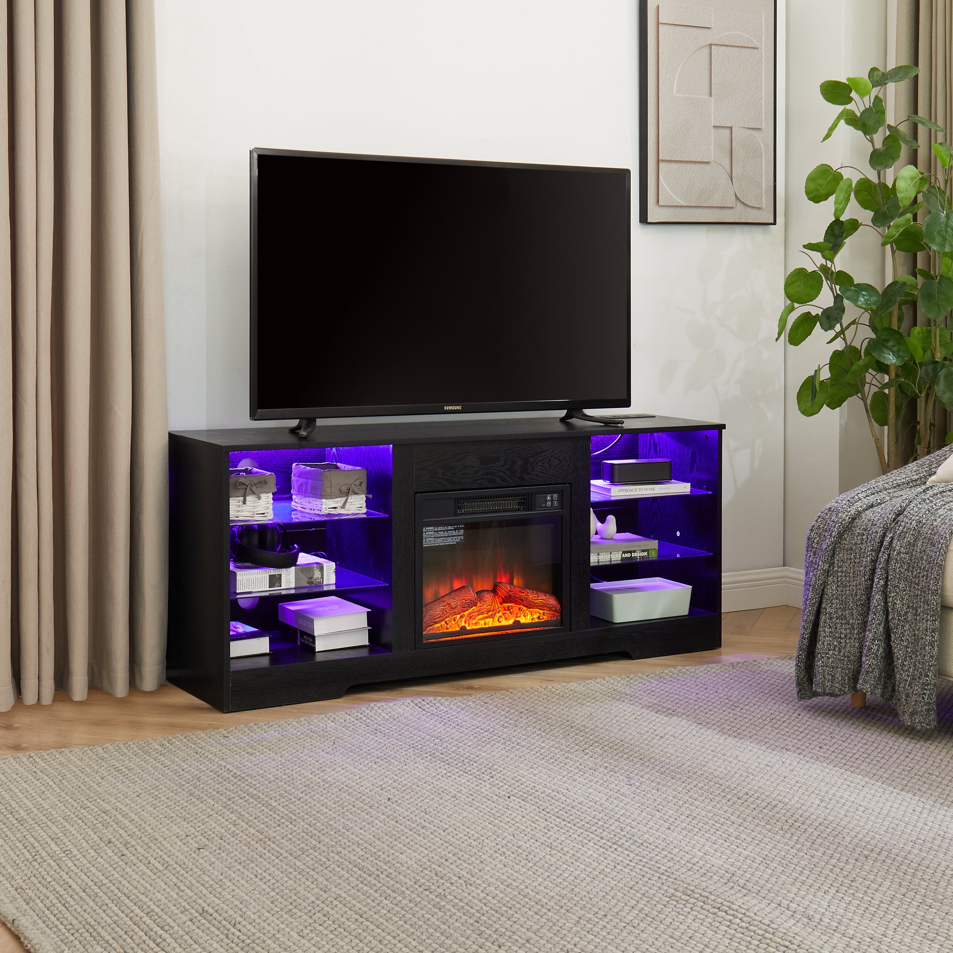 Tv Stand Electric Fireplace Glass Shelves, 3D Fireplace Tv Stand With Led Lights Wood With Usb Charging Outlet Modern Television Table Center For Tv Up To 62" Black 58''W*15.5''D*24.4 Black 50 59