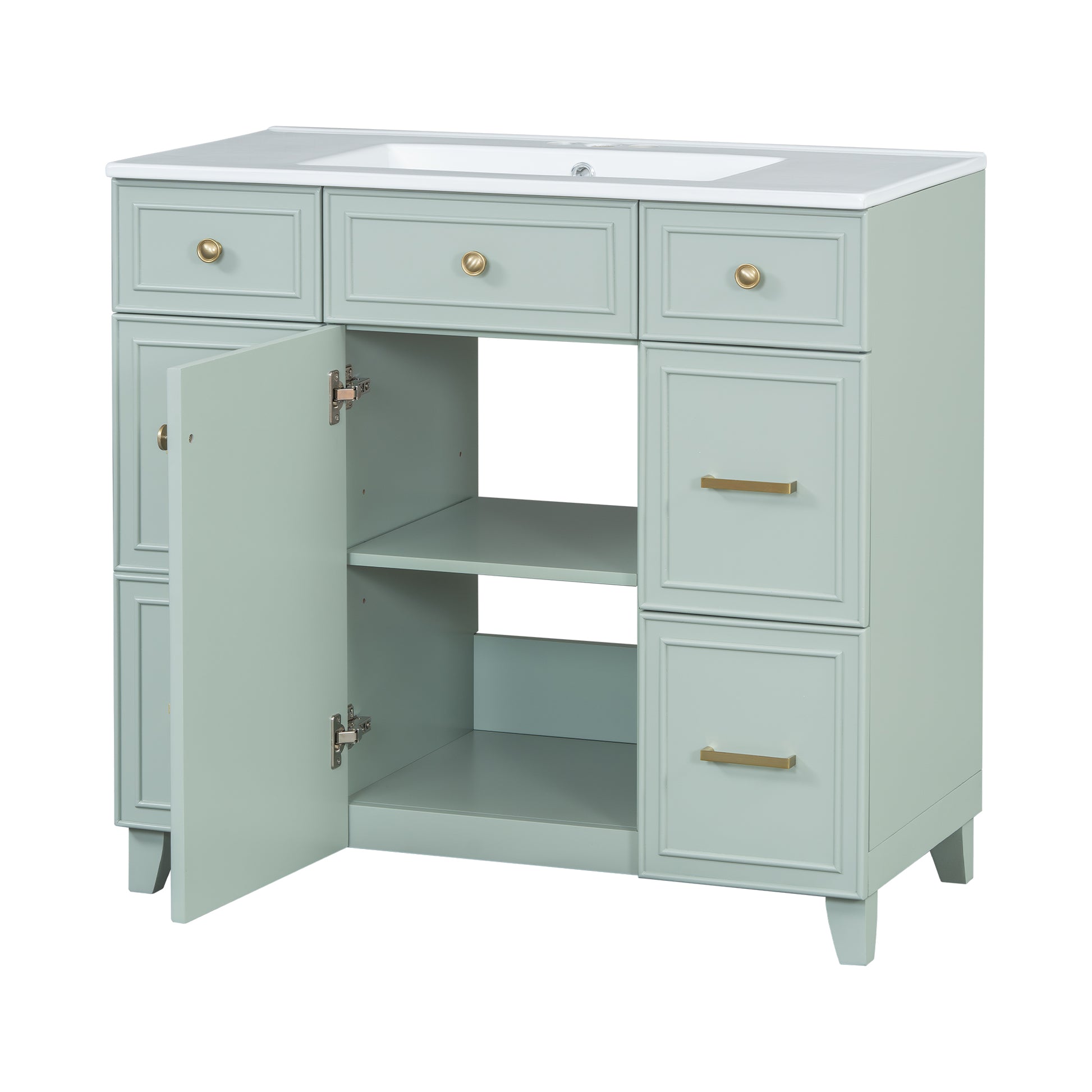 36" Bathroom Vanity With Ceramic Sink, Green, Solid Wood Frame, Soft Close Doors, Adjustable Shelves, 3 Drawers ,Including Double Depth Drawer For Hairdryer Storage Old Sku:Sv000003Aag 1 Green
