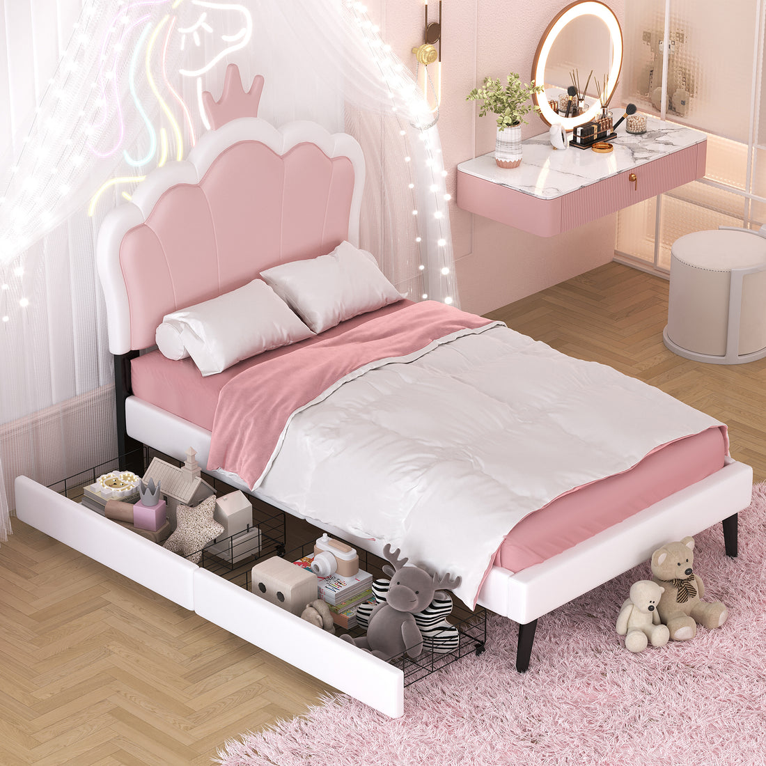 Twin Size Upholstered Princess Bed With Crown Headboard And 2 Drawers,Twin Size Platform Bed With Headboard And Footboard, Pink White Twin White Pu