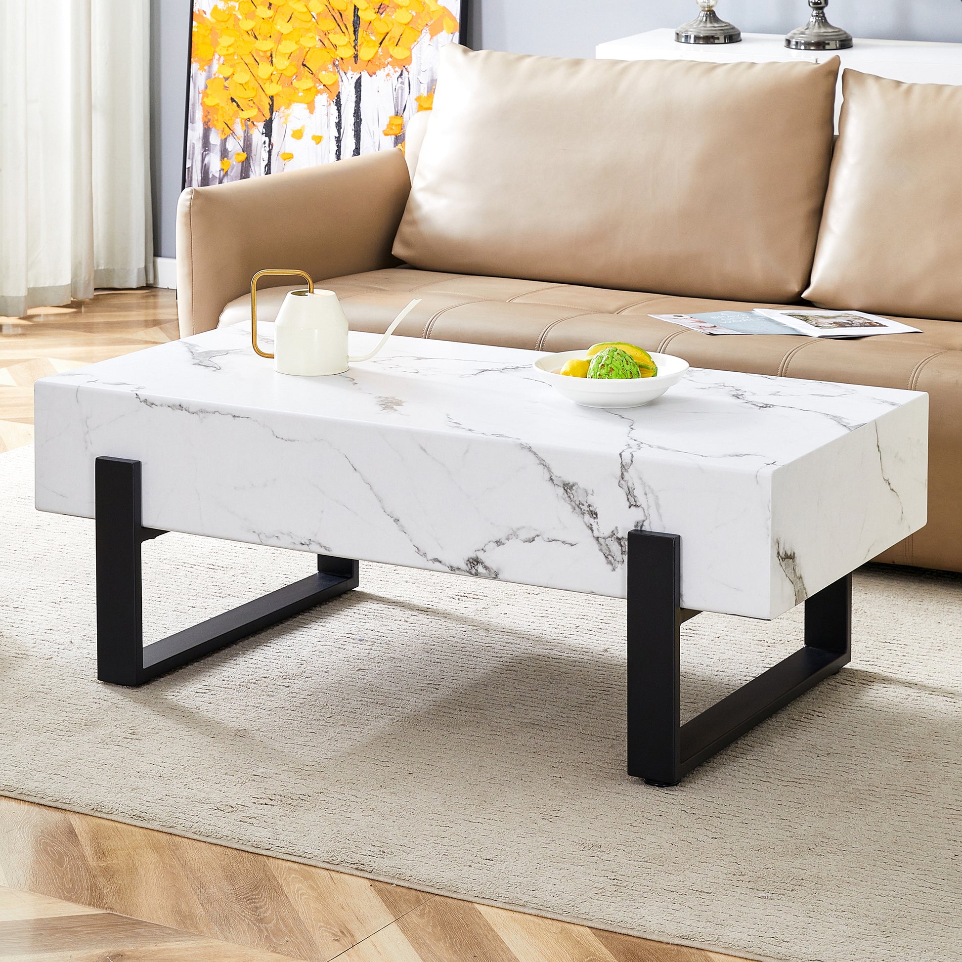 47.2"X23.6" Black And White Minimalist Mdf Marble Patterned Coffee Table.White Marble Pattern Sticker,Black Metal Leg Spray Coating,Mdf Coffee Table.Showcasing A Modern And Simple Style. White Black