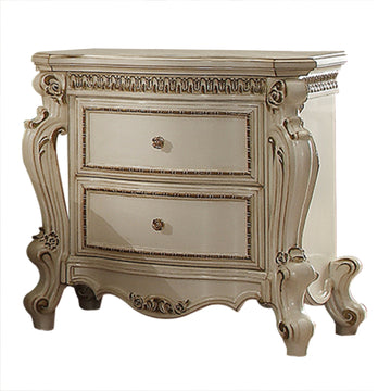 Two Drawer Nightstand With Carved Details And Cabriole Legs, Antique Pearl White Wood