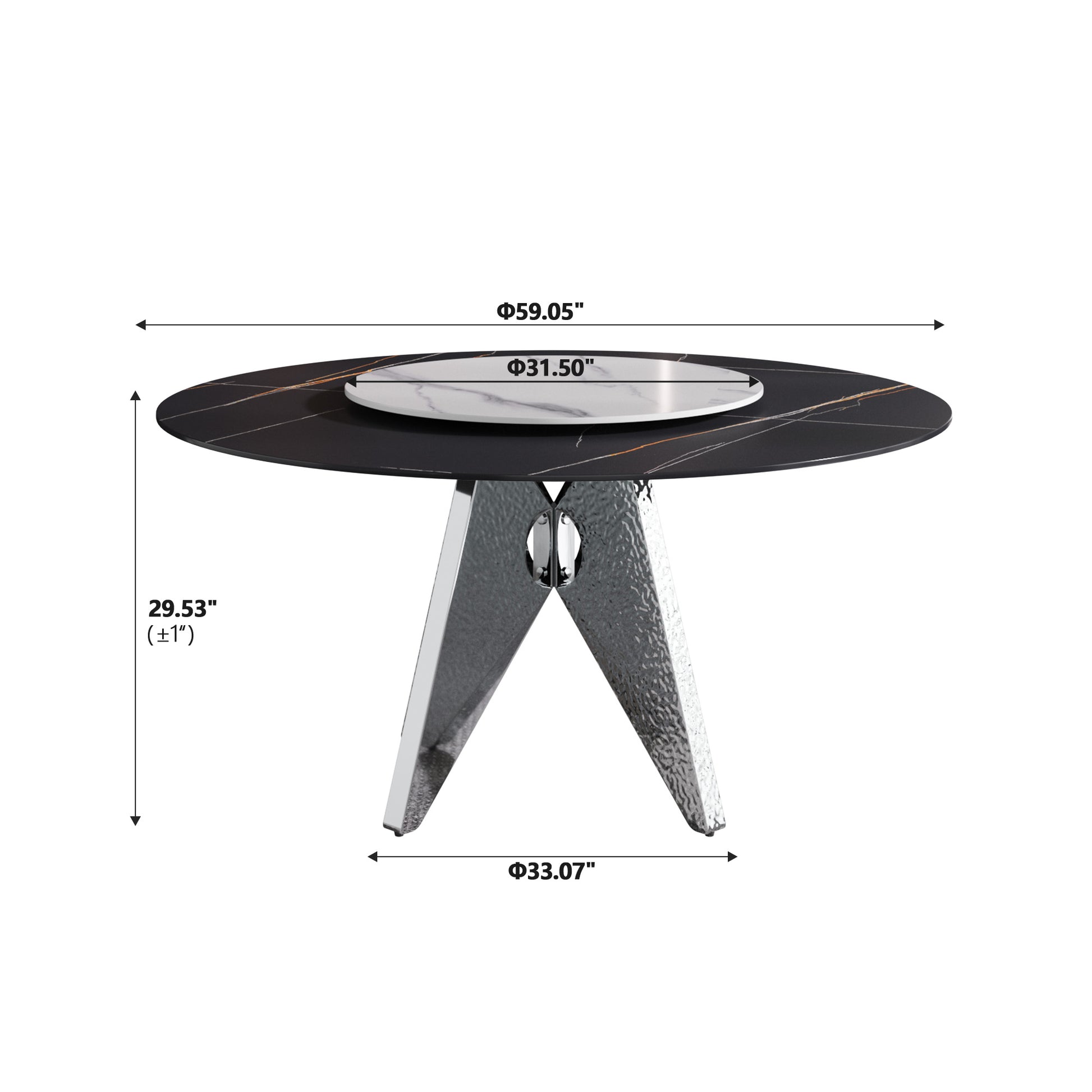 59.05" Round Marble Dining Table With Silver Stainless Steel Design Base, Artificial Marble For 6 8 People, 31.5"White Artificial Stone Turntable,White&Black Dining Table Only Black,Silver,White