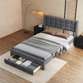 Queen Size Upholstered Platform Bed With A Big Drawer, Gray Box Spring Not Required Queen Gray Wood Bedroom Bed Frame Polyester Upholstered