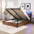 Lift Up Storage Bed Frame, Queen Size Bed Frame With Bookcase Headboard & Led Lights, Wooden Platform Bed Frame With Charging Station, No Spring Box Needed, Rustic Brown Box Spring Not Required Queen Rustic Brown Metal Brown Bedroom Industrial Bed Frame