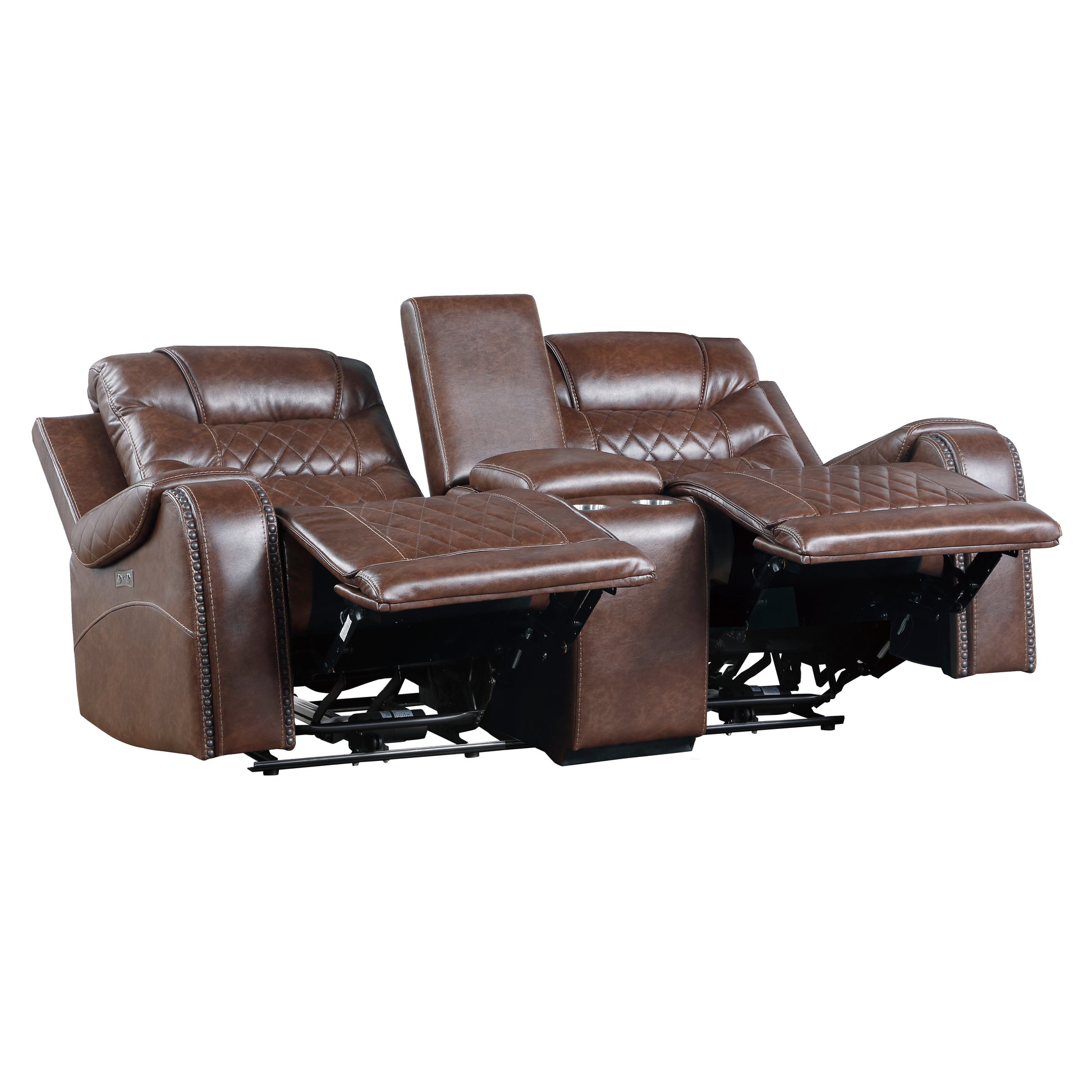 Luxurious Living Room Furniture 2Pc Power Reclining Sofa Set Brownfaux Leather Upholstery Center Drop Down Cup Holders, Power Outlets, Usb Ports, Diamond Pattern Stitching Brown Faux Leather Wood Primary Living Space Luxury,Modern Solid Wood 5 Seat