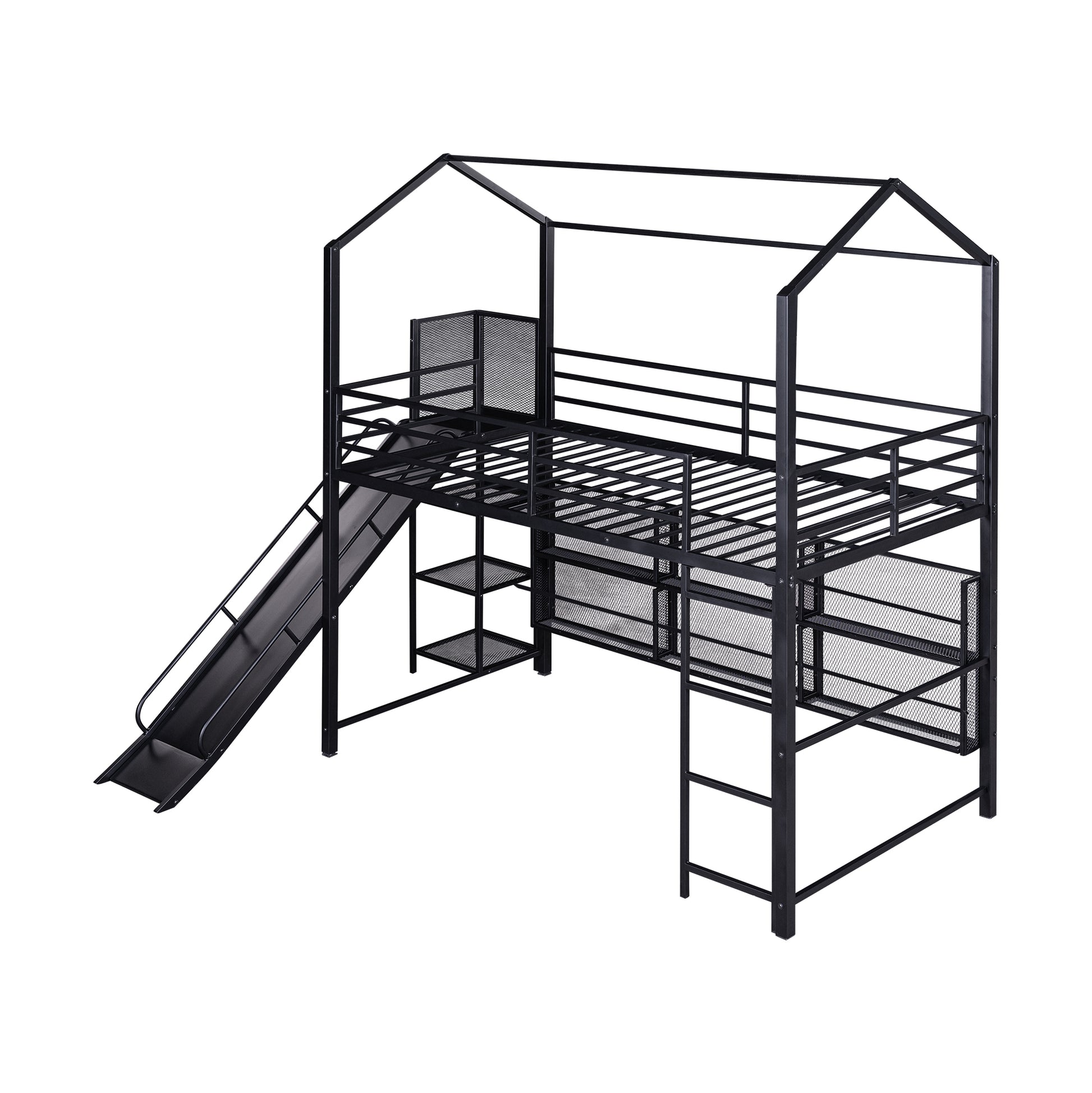 Twin Size House Metal Loft Bed With Iron Mesh Shelves And Slide,Black Black Metal