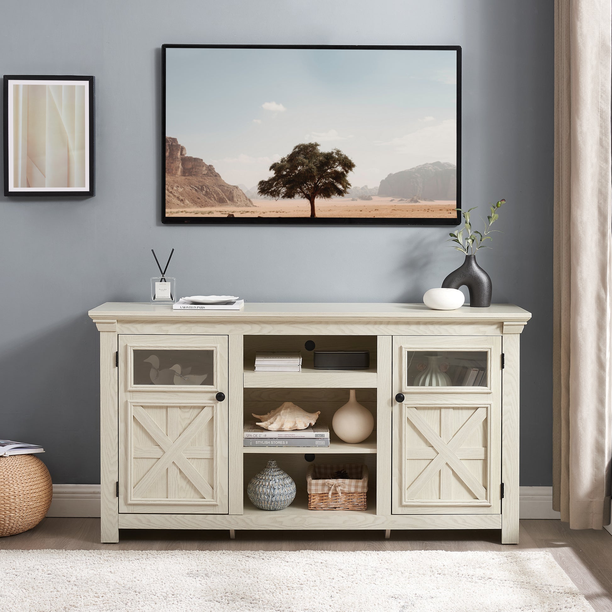 2 Doors Cabinet Farmhouse Cabinet, Farmhouse Tv Stand Barn Design,Modern Farmhouse Tv Media Stand, Large Barn Inspired Home Entertainment Console,White, 60.23"W*15.35"D*31.7"H White 60 69 Inches Mdf