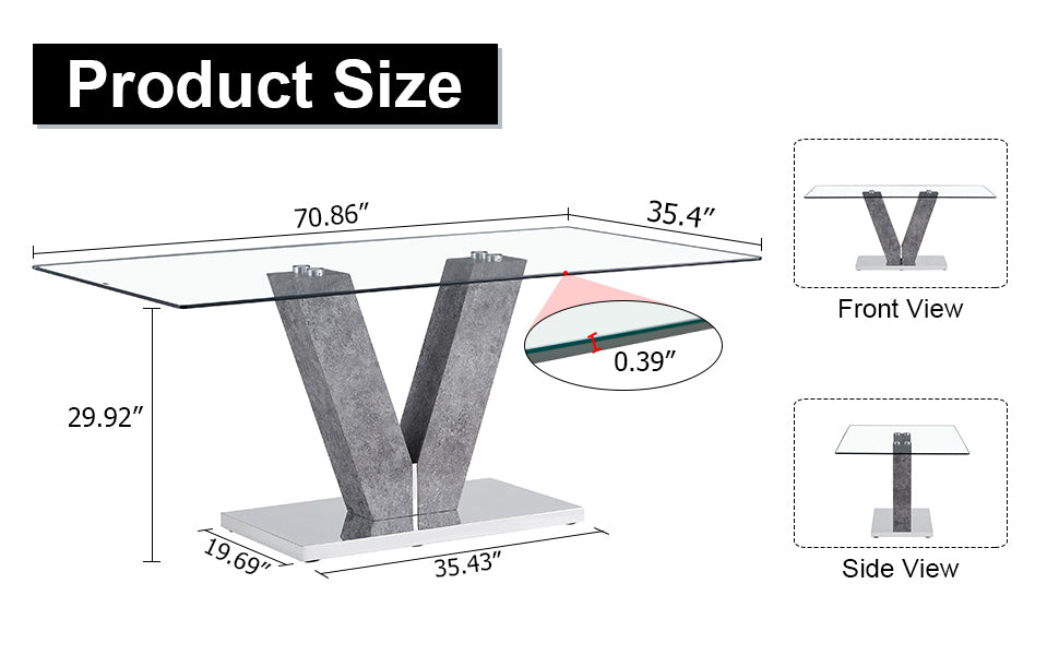 Large Modern Minimalist Rectangular Glass Dining Table For 4 8 People With 0.39" Tempered Glass Tabletop And Mdf Slab V Shaped Bracket,For Kitchen Dining Living Meeting Room Banquet Hall F V Transparent Mdf Glass