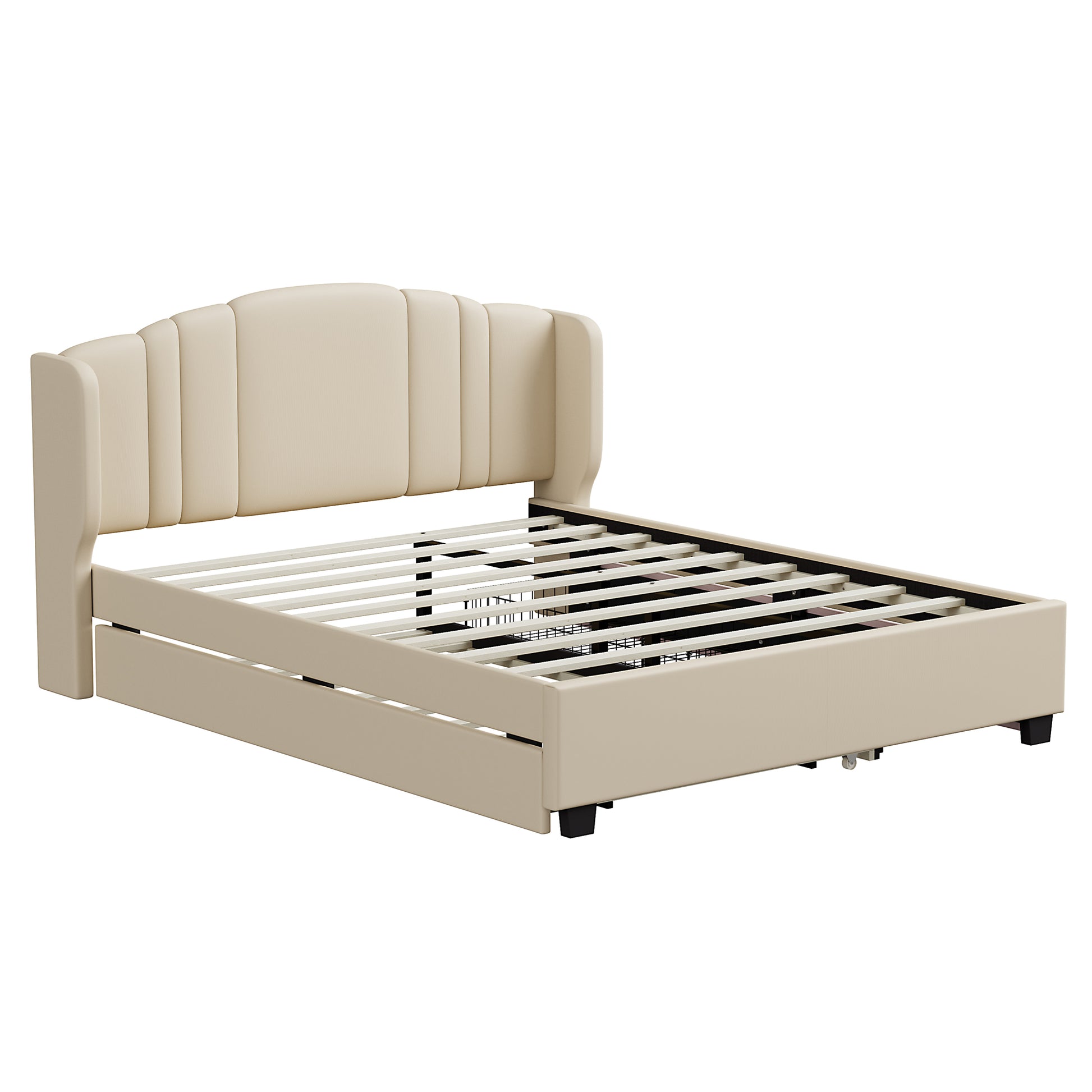 Upholstered Platform Bed With Wingback Headboard, One Twin Trundle And 2 Drawers, No Box Spring Needed, Linen Fabric, Queen Size, Beige Beige Linen