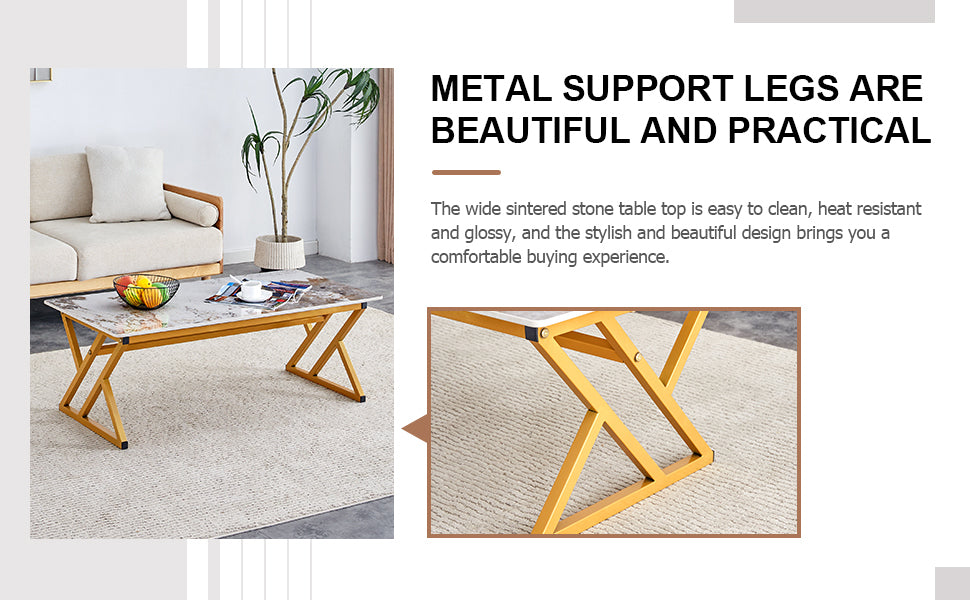 A Modern Minimalist Style Marble Patterned Coffee Table With Golden Metal Legs. Computer Desk. Game Table. Tea Table. Ct Xx Gold Sintered Stone
