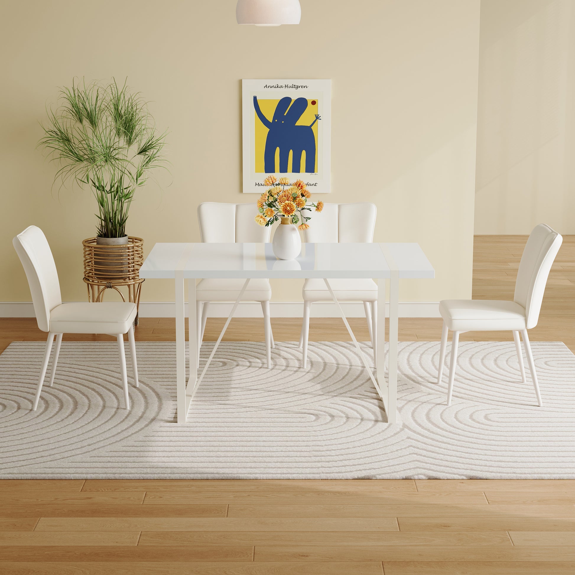 55"X31.5"Cream Style White Mdf Dining Table Set With 4 Armless Chairs.Mdf Tabletop And Metal Legs.The Backrest Of The Dining Chair Has A Vertical Line Design.Adding A Warm Atmosphere To Your Family.