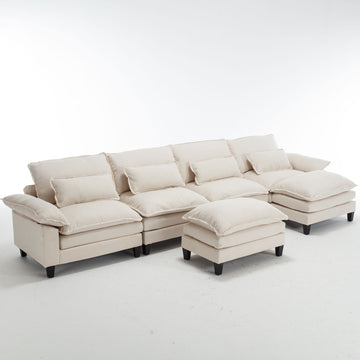 154.8" Oversized Modular Sofaice Velvet Large U Shaped Couch Comfy Upholstered 4 Seat Sofa With 2 Ottoman, 4 Lumbar Pillow, Deep Seat Couch For Living Room Beige Wood Primary Living Space Modern Foam Polyester 6 Seat