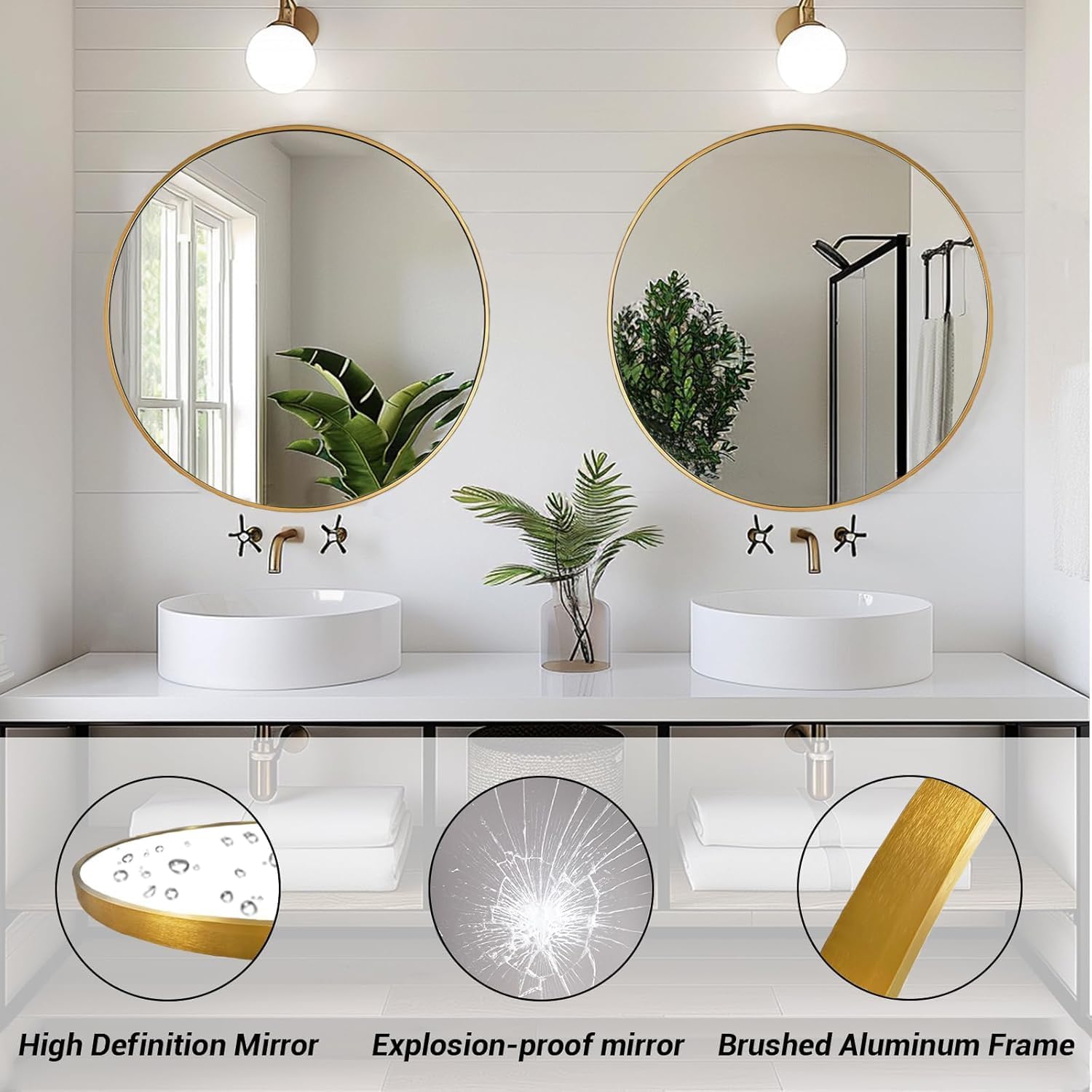 Gold 20 Inch Circle Mirror, Wall Mounted Mirror, Bathroom Mirrors For Over Sink, Circle Framed Mirrors For Bathroom, Living Room, Bedroom, Vanity, Entryway, Hallway Silver Aluminium