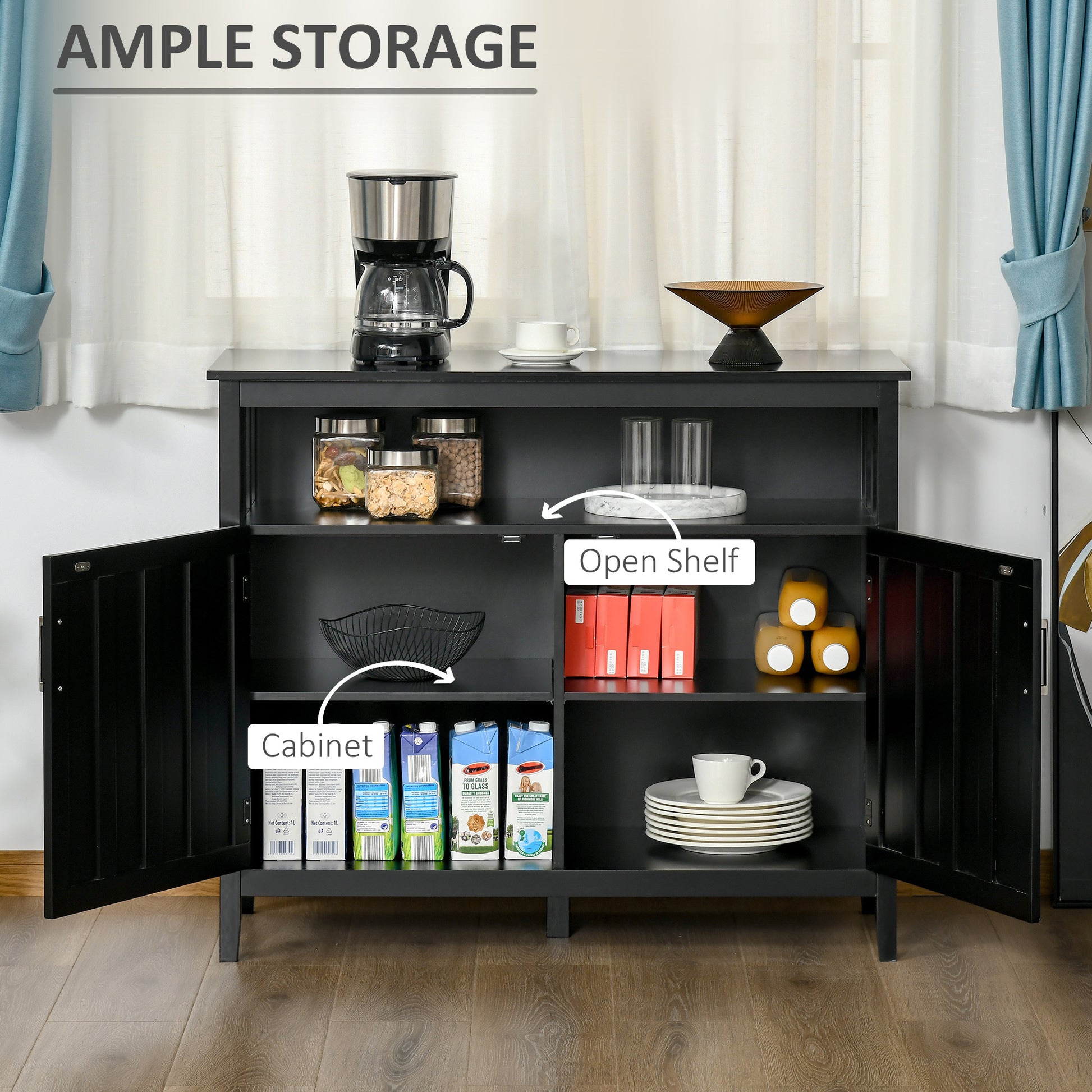 Homcom Sideboard Buffet Cabinet, Kitchen Cabinet, Coffee Bar Cabinet With 2 Doors And Adjustable Shelves For Entryway Living Room, Black Black Mdf