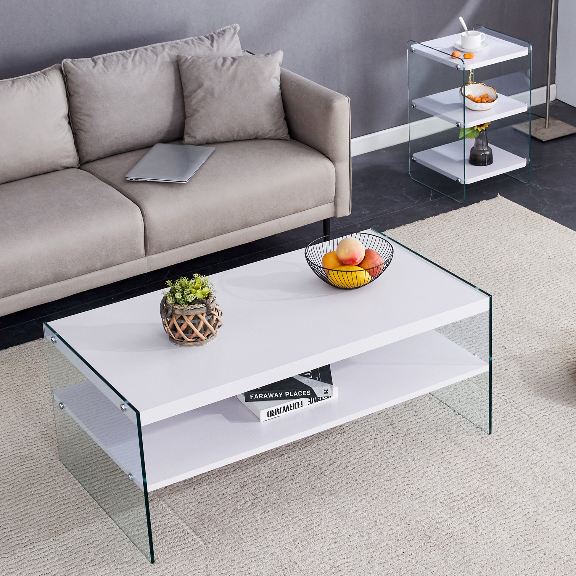 Double Rectangular Coffee Table. The Board Surface Is Mdf, With White Stickers, And Both Sides Are Transparent Tempered Glass. Suitable For Living Room, Bedroom And Other Occasions. White Mdf Glass